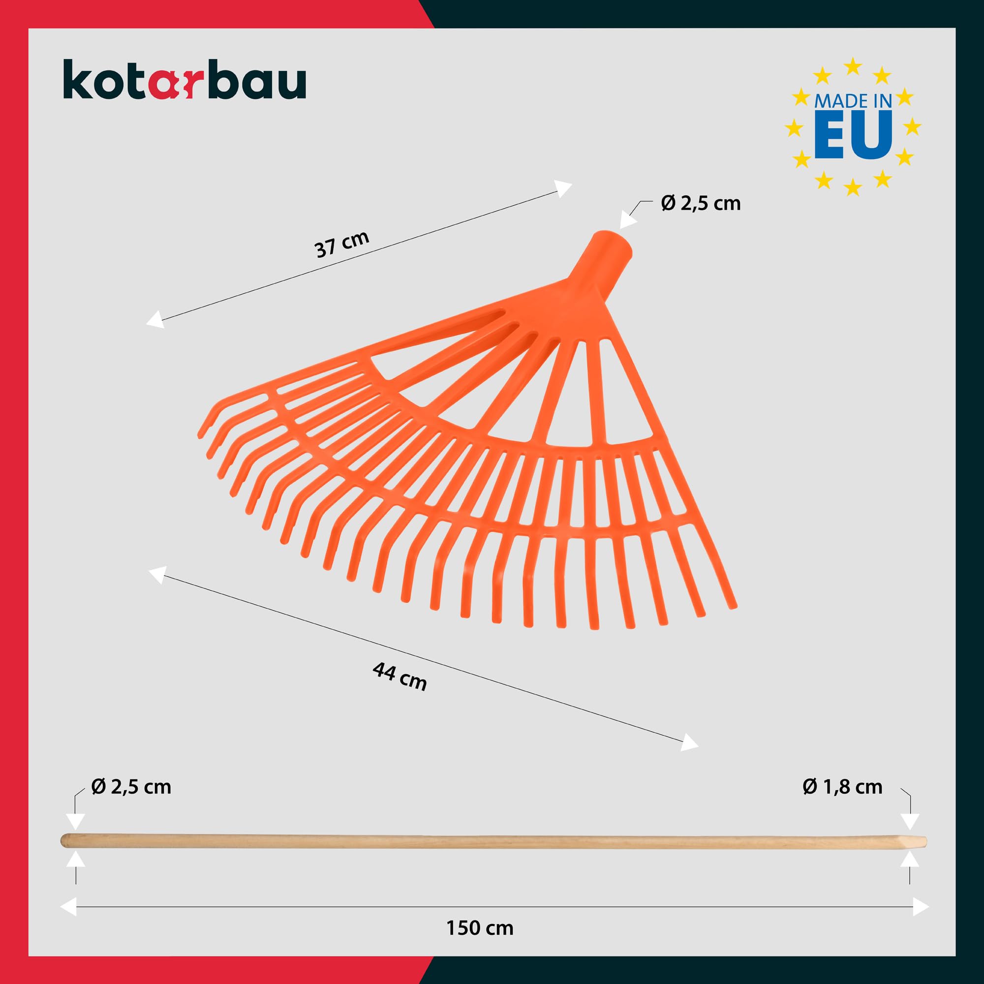 KOTARBAU® Rateau à Feuilles - Plastique - 44 cm - Orange - avec Manche - Râteau Jardin - Balai à Gazon - Ramasse Feuilles - Léger - Résistant - Entretien Jardin
