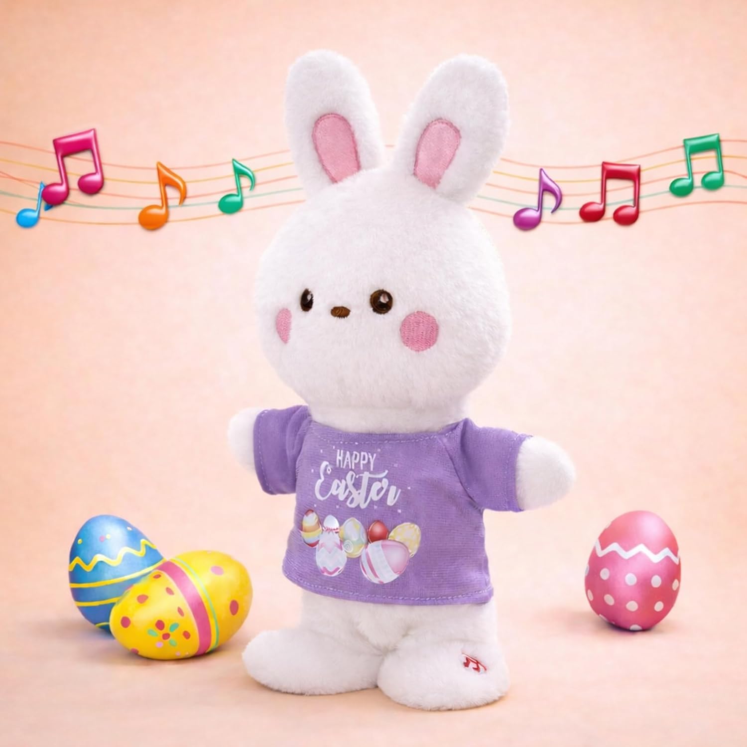 Easter Singing Dancing Plush Bunny Toy, Interactive Musical Walking Stuffed Animal in Easter Outfit, Cute Easter Gift & Basket Stuffer for Kids, Includes FREE Christmas & Halloween Outfits, White 12”
