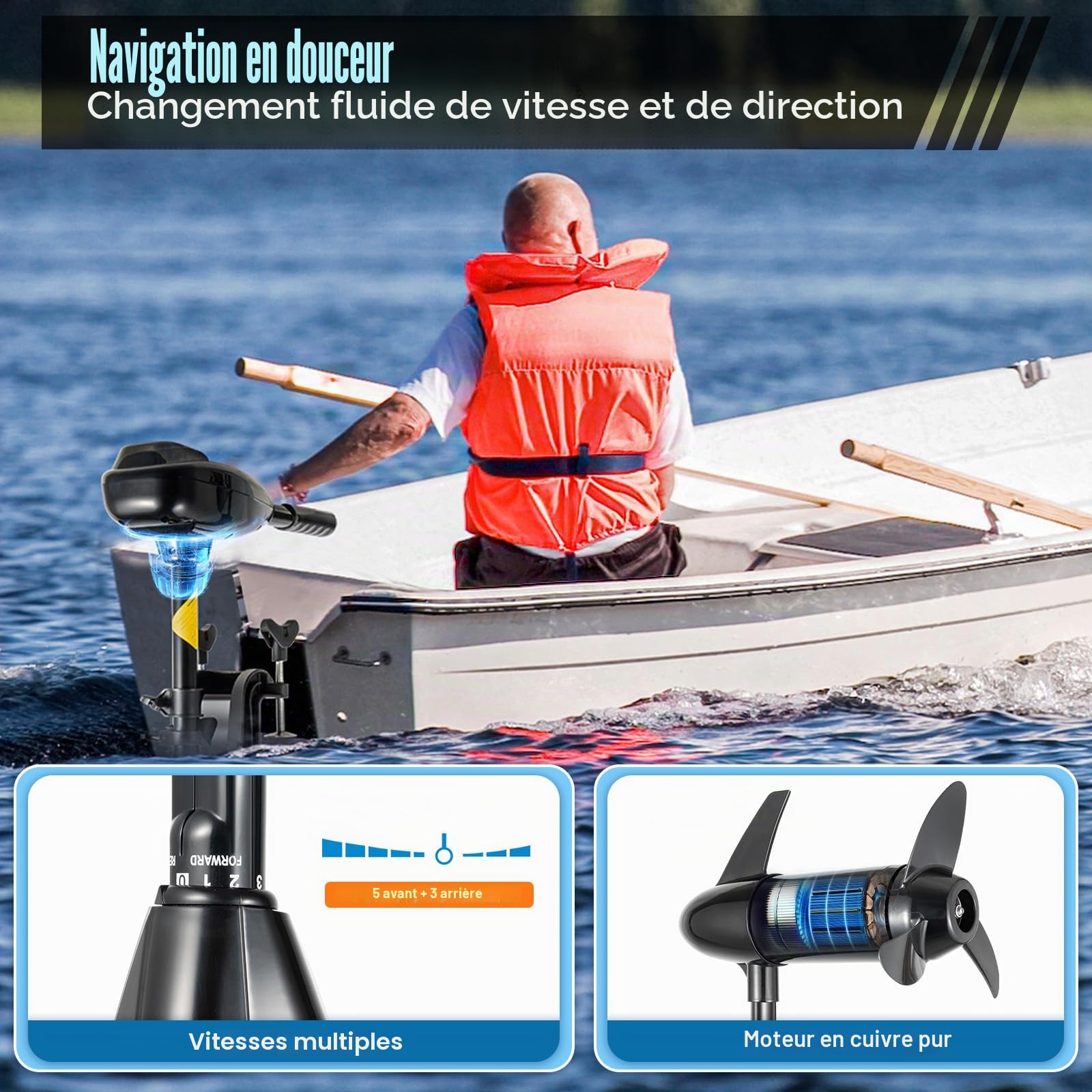 Moteur électrique hors-bord 80 LBS 12 V 800 W, moteur hors-bord, Moteur de Bateau de Pêche à la Traîne, avec Indicateur de Batterie, pour Kayak, pêche
