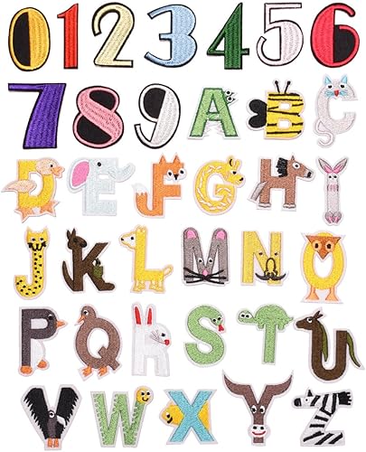 36 parches de letras y números para planchar, parches bordados del alfabeto de animales de la A a la Z, apliques de números del 0 al 9 para ropa,