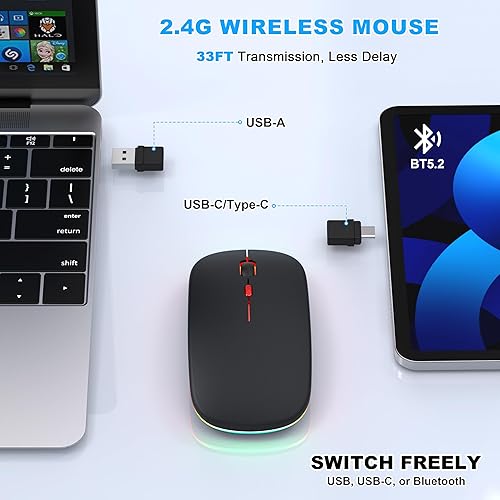 Miniatura 3 de Mouse inalámbrico Bluetooth para MacBook Air Mac Pro iPad, mouse silencioso recargable LED con receptor USB-AUSB-C de 2.4 GHz y mouse jiggler,