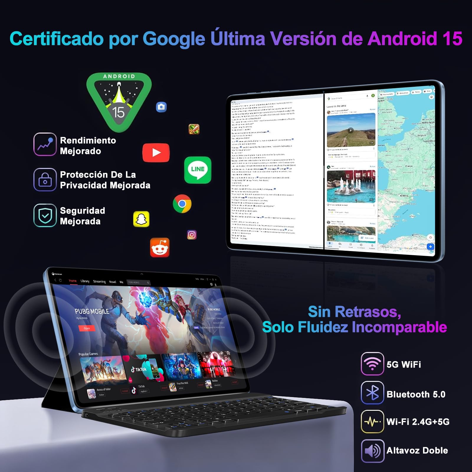 Tablet 10 Pulgadas 30GB+128GB, 8000mAh, Android 15, IPS Pantalla FHD 1080, Procesador Octa-Core, Certificación GMS/ Widevine L1/ Control parental, Tableta PC con Cuerpo de Metal, Teclado y Mouse- Azul — view 3