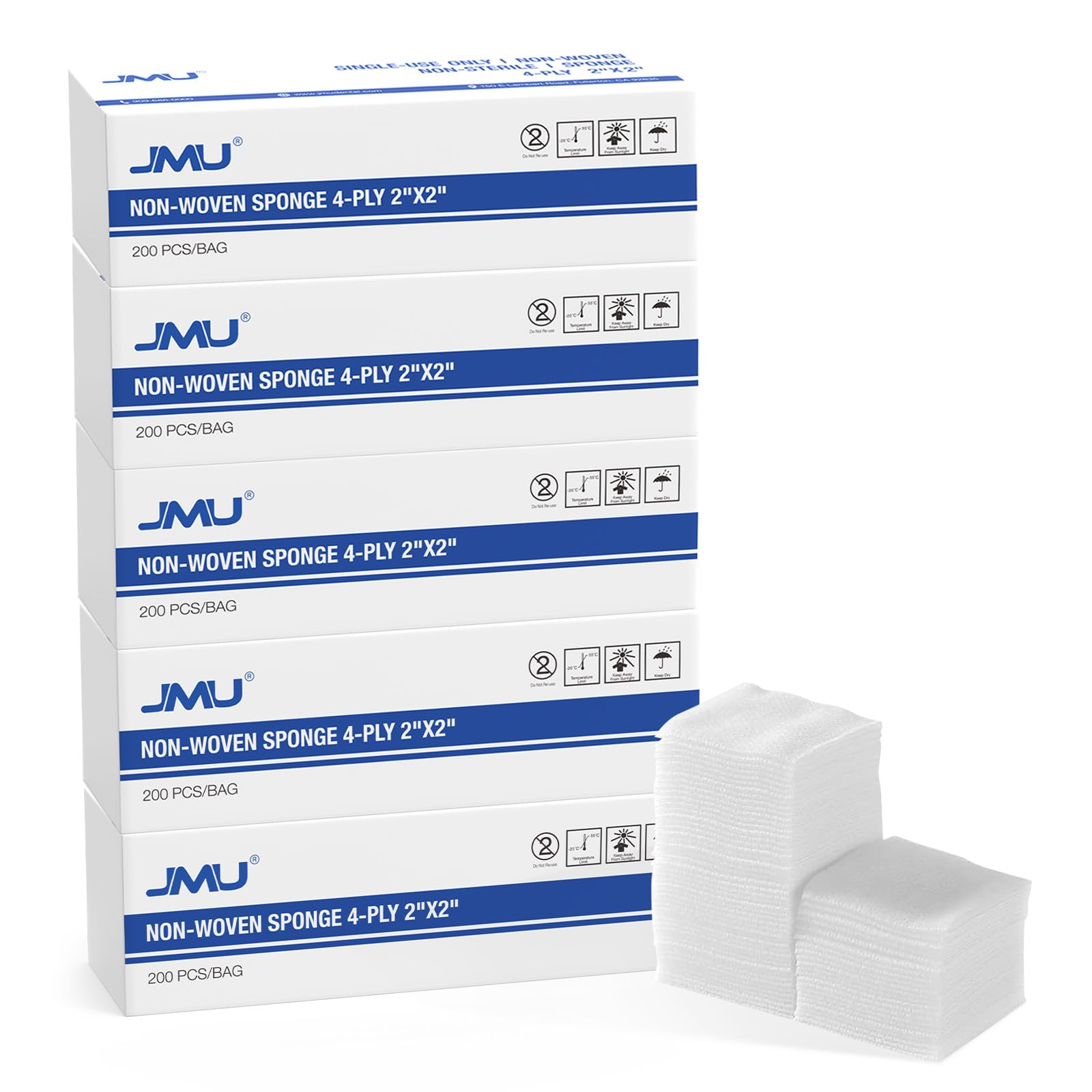 JMU 1000 Gauze Pads 2x2, Sponge Non-Woven 4-Ply Non-Sterile Dental Pads All Purpose Gauze