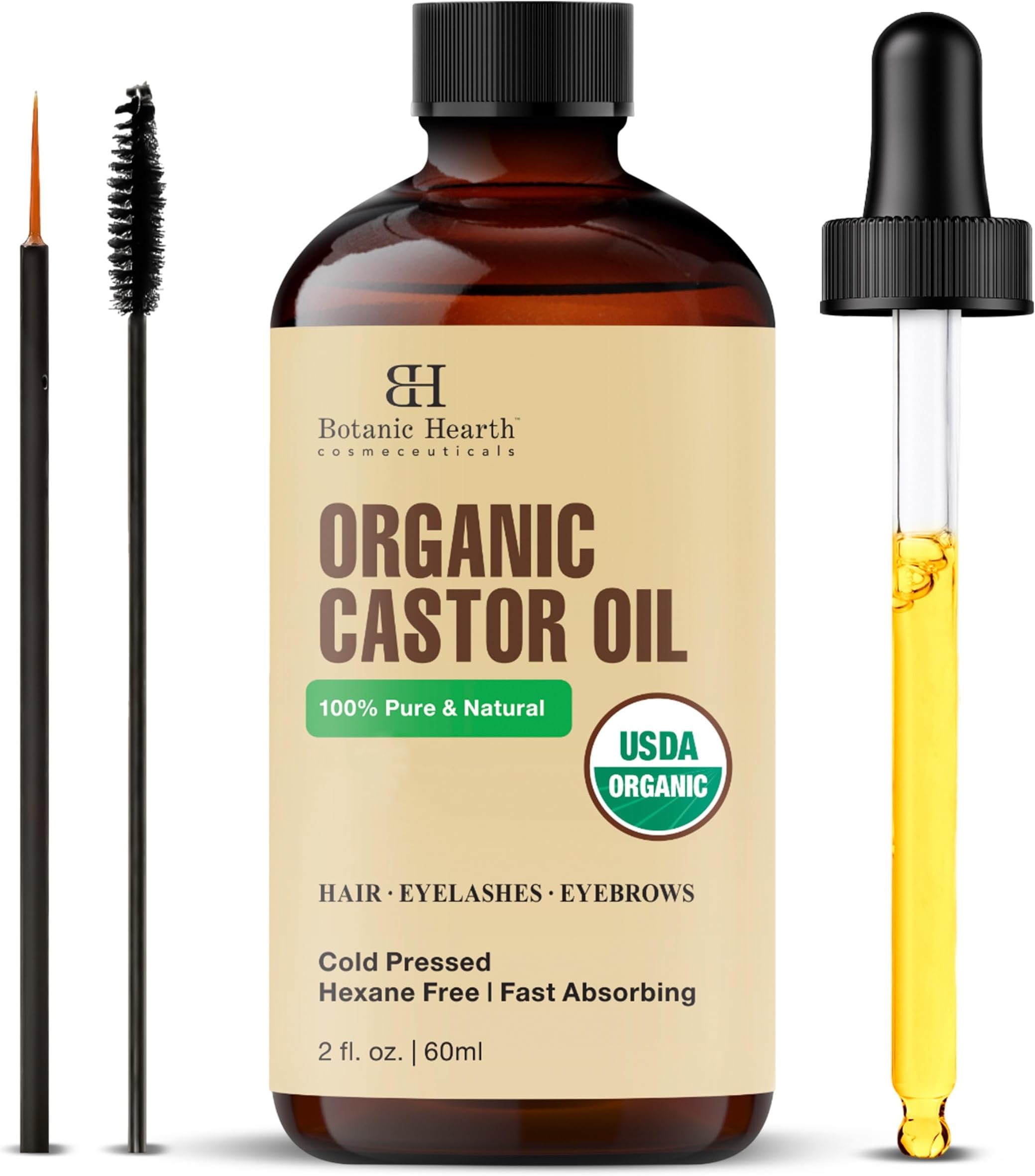 Botanic Hearth Castor Oil | USDA Certified Organic |100% Pure & Hexane Free | Cold Pressed | Growth for Eyelashes, Eyebrows, Hair | With Eyebrow & Eyelash Brush | 60 ML |