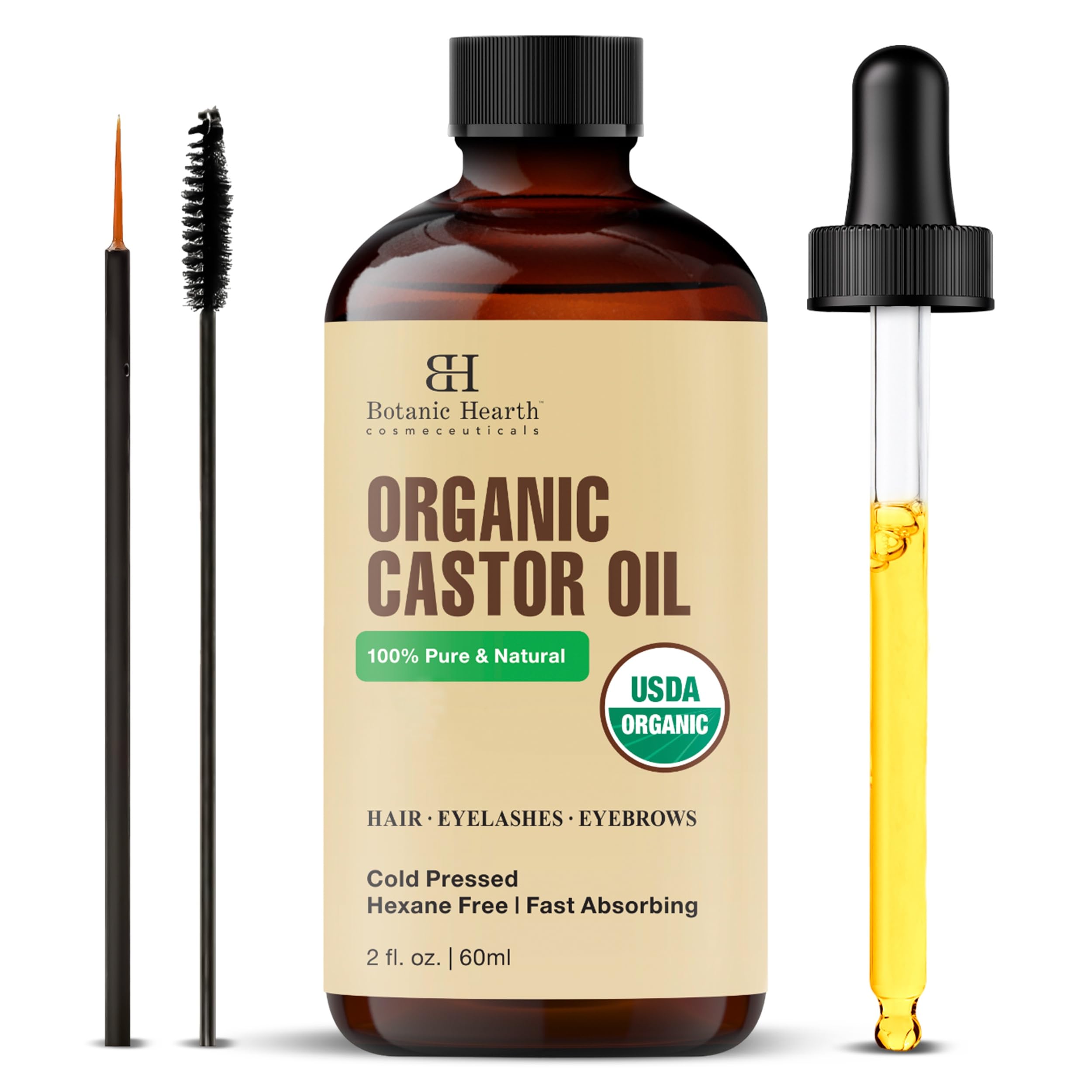 Botanic HearthCastor Oil | USDA Certified Organic |100% Pure & Hexane Free | Cold Pressed | Growth for Eyelashes, Eyebrows, Hair | With Eyebrow & Eyelash Brush | 60 ML |