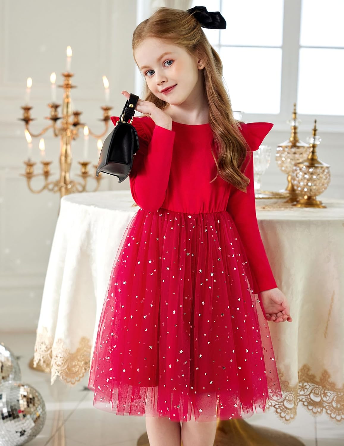 Arshiner Toddler Girls Tutu Dresses Long Sleeve Ruffle Fall Winter Holiday Star Sequin Tulle Dress 2-6Y - Image 2