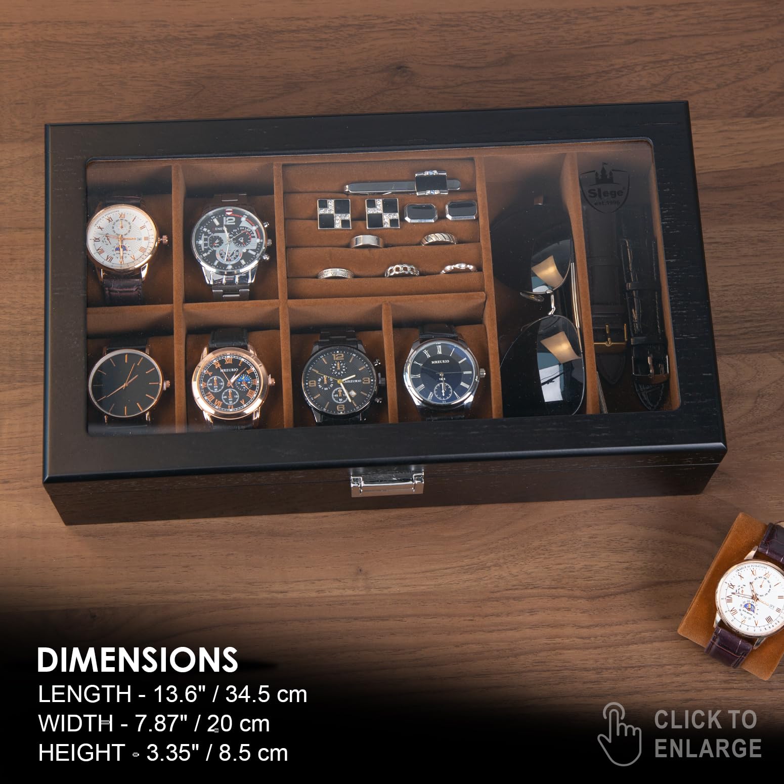 Slege Uhrenbox aus Holz,6 Fächer,Uhrenkasten Glasdeckel,Sonnenbrillenbox,Uhrenetui für Herren,Uhrenaufbewahrungsbox und Schmuckkästchen,Uhrenbox Organizer für Männer und Frauen,für Ringe,Ohrringe