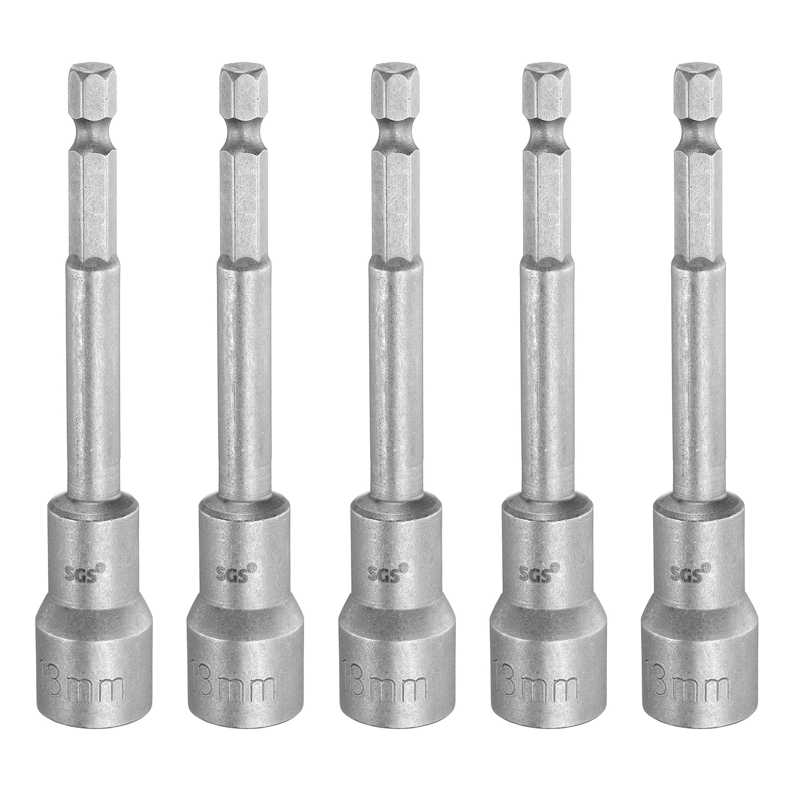 sourcing map 5pcs Nut Driver Drill Bit 13mm Metric Socket 1/4" Hex Shank 3.94" (100mm) Long Magnetic 6-Point Sockets Quick Change CR-V Steel Bolt Setters for Power Drill Drivers