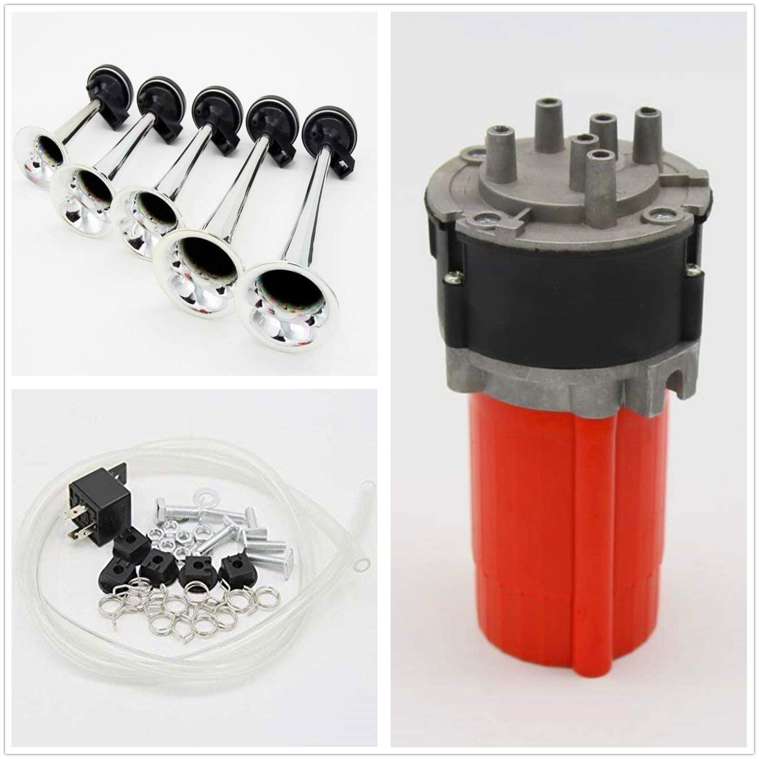 Tromba Musicale Strumento a cinque tubi avvisatore acustico Clacson Multi-frequenza suono rosso pompa aria personalità 12V Music Car Horn150DB altoparlante a tromba fischio clacson corno
