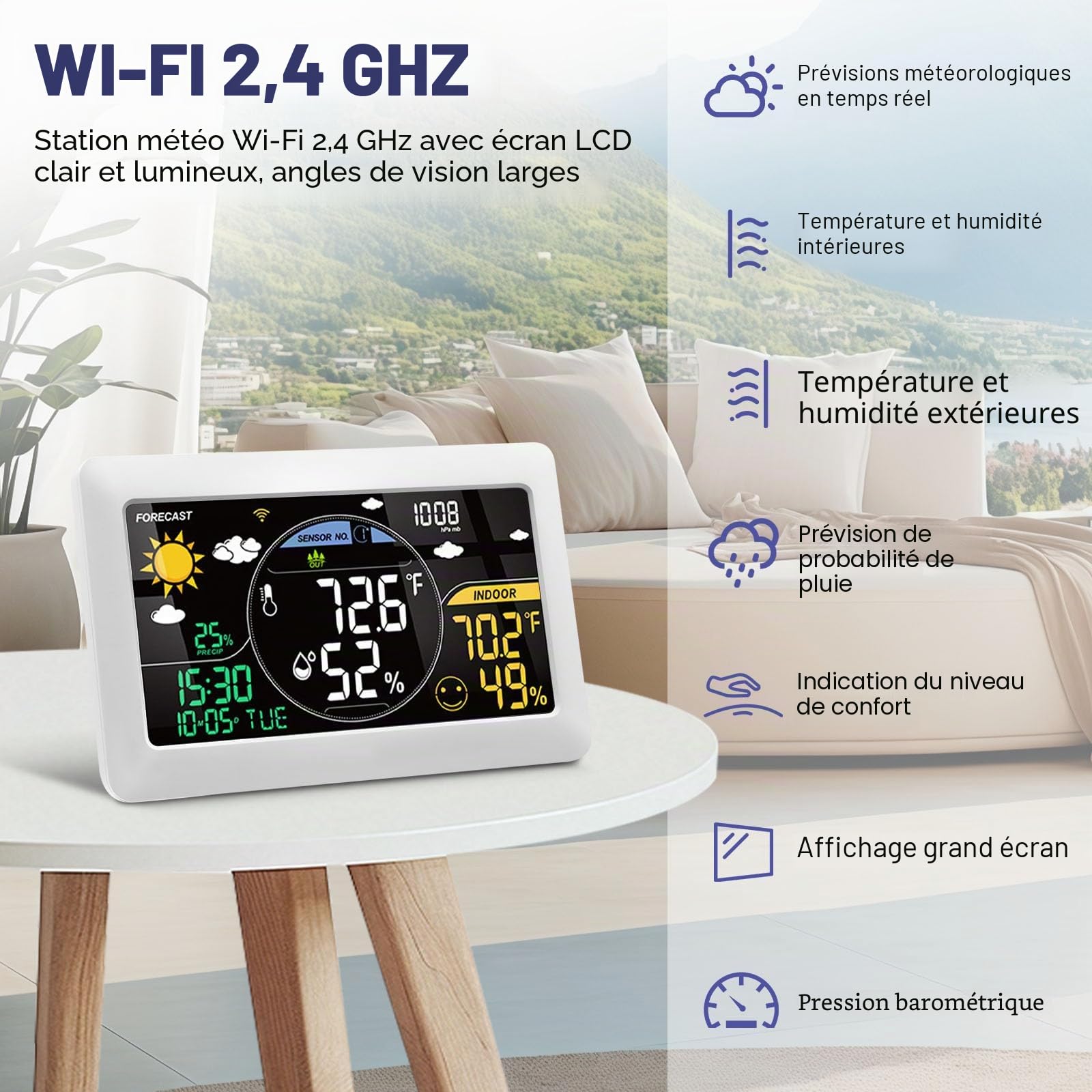 4 in 1 Station Météo Intérieur Extérieur Sans Fil - Station'meteo avec App Tuya et Smartlife Connectée WIFI avec 24h Prévisions Météo/Calendrier/Réveil/Réglage Automatique de la Luminosité