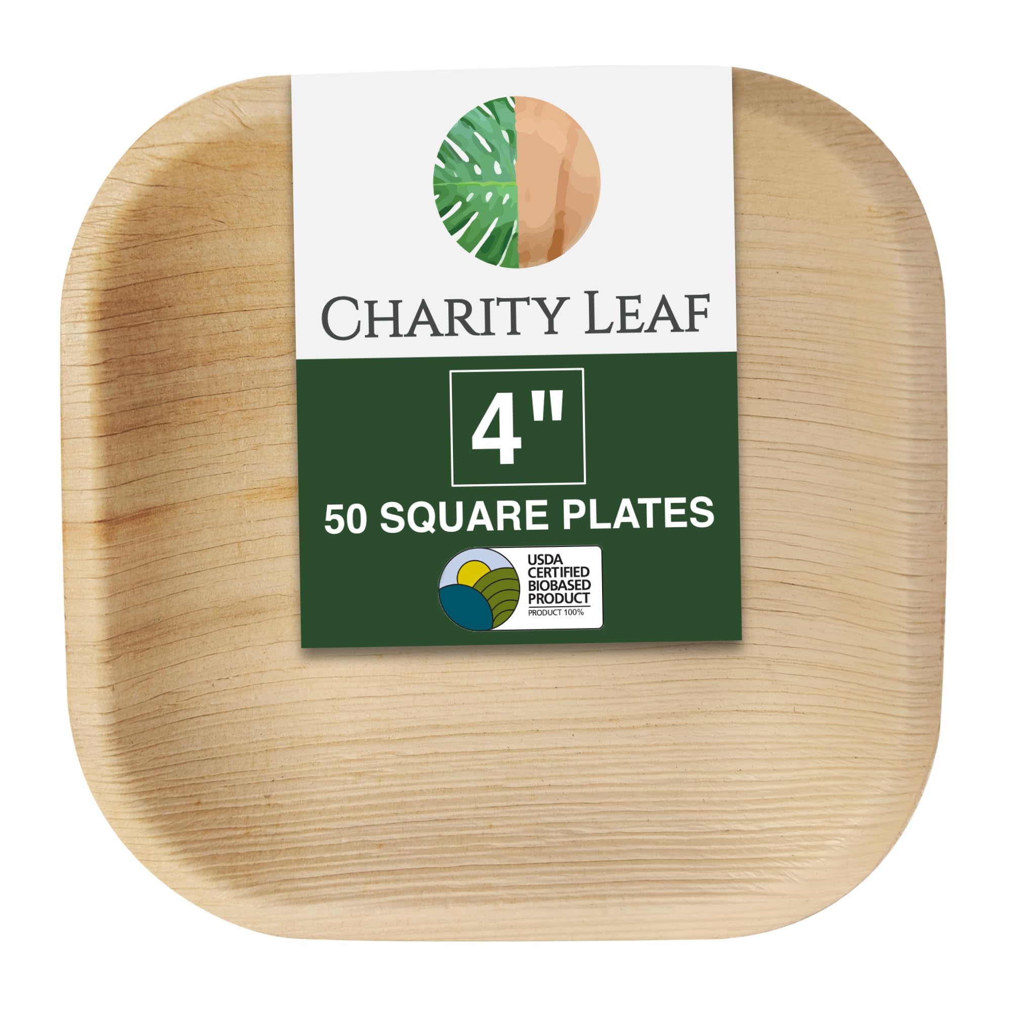 Charity Leaf - Platos desechables de hoja de palma como juego de platos cuadrados de bambú| bodas, tablas de embutidos, barbacoas y fiestas | Platos Cuadrados (50, 4 Cuadrados)