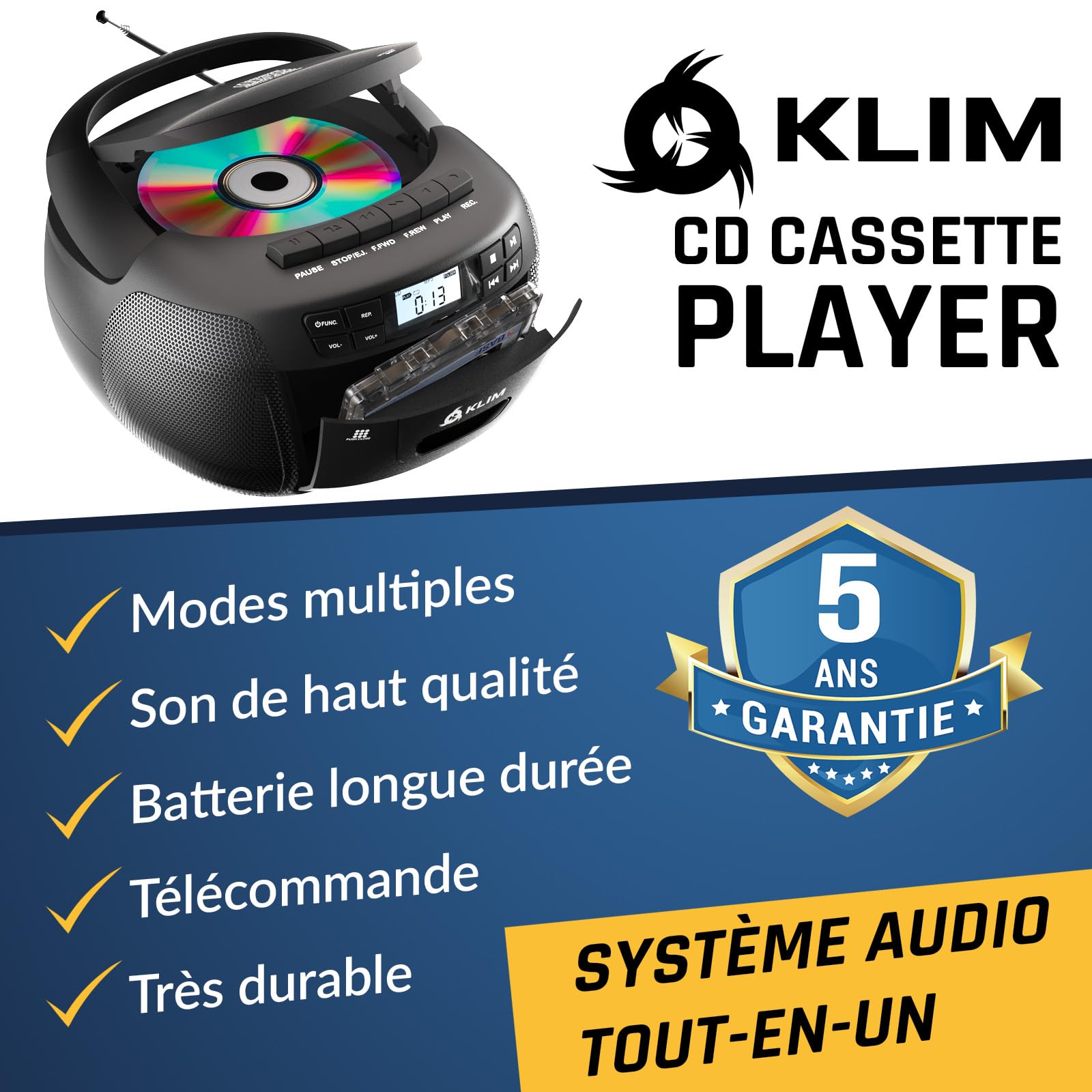 KLIM Lecteur CD Bluetooth Cassette Radio AM/FM Stéréo avec Télécommande Enregistrement USB AUX