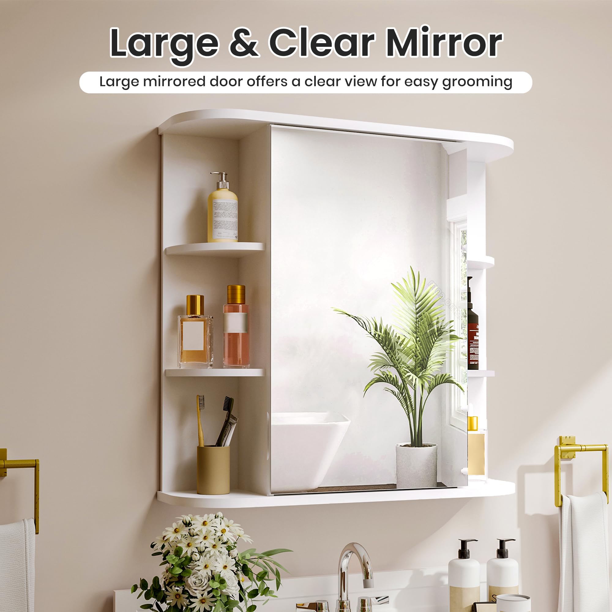 Pamapic Mobile Bagno con Specchio, Mobiletto Pensile Bagno,Scomparto Aperto, Mobiletto da Muro, Ripiani Regolabili, Soggiorno, Camera da Letto, 67,5 x 60 cm, Bianco