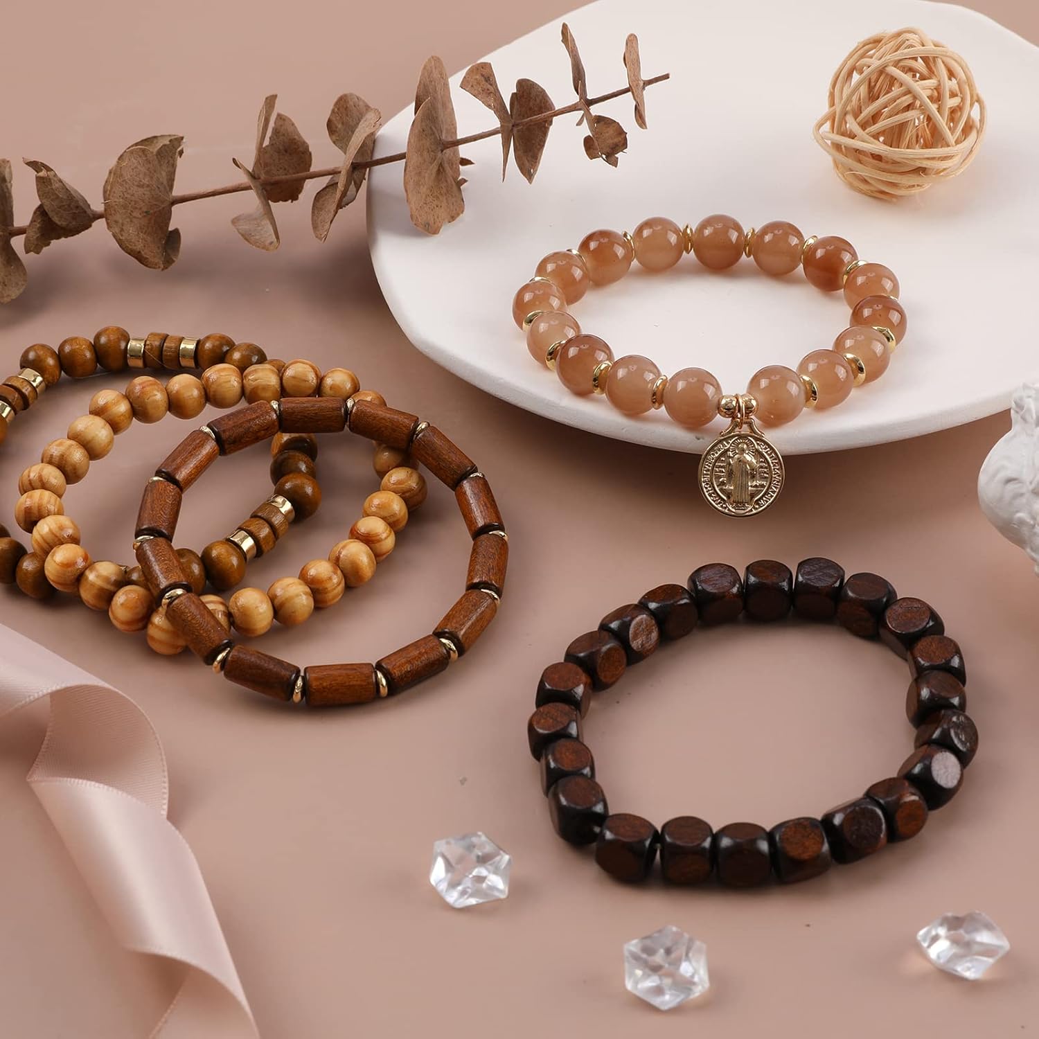 Bohemian Natural Stone Beaded Bracelets for Women Men Stackable Stretch Beads Bracelet Set with Charm and Tassel Multilayered Elastic Gemstone Bracelets Summer Beach Boho Jewelry Gift for Women - Image 3