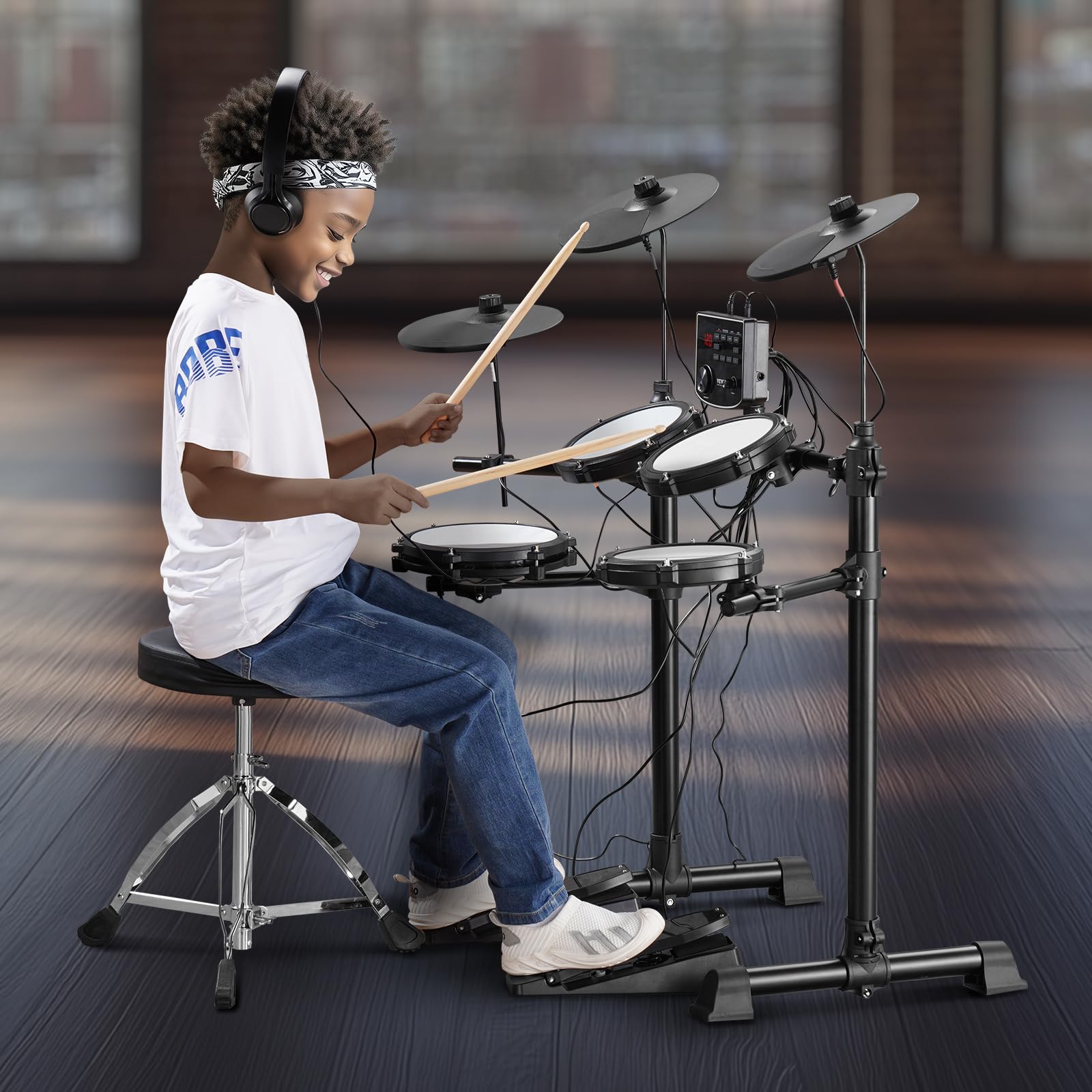 VEVOR Set di Batteria Elettronica, 15 Kit di Batteria 150 Suoni, Set di Batteria Elettronica Rullante Silenzioso 203,2 mm con Supporto USB MIDI con Piatti Bacchette e Cuffie, Principianti e Adulti