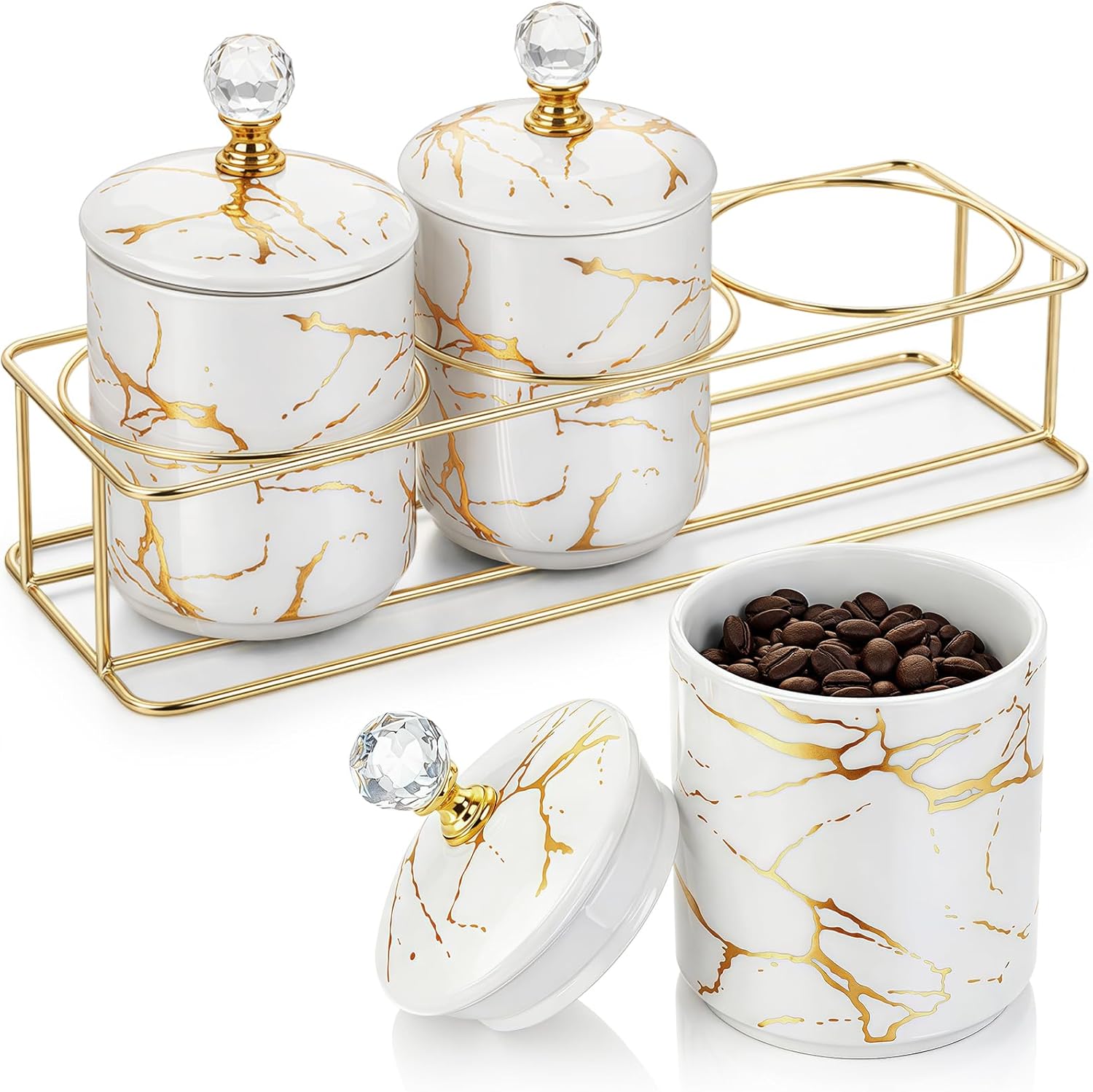 3 Pcs Ceramic Coffee Accessories Set for Sugar, Coffee and Tea Ceramic Seasoning Jar with Lid Metal Base Marble Pattern Storage Jars Kitchen Condiment Container Spice Canisters Bar Supplies