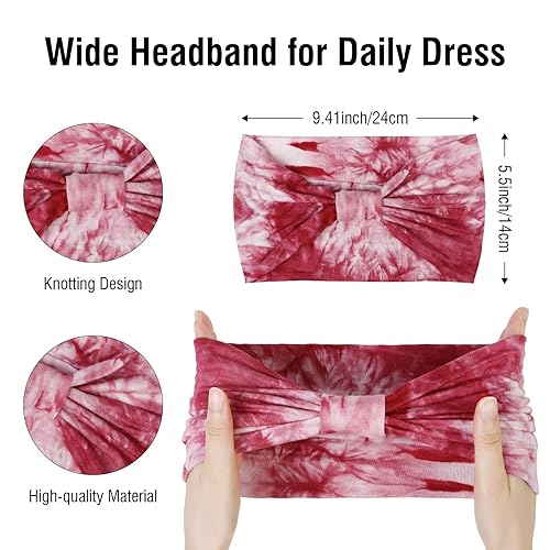 Miniatura 2 de Huachi Diademas de teñido anudado para mujer, paquete de 4 diademas anchas en estilo bohemio, bandas antideslizantes para entrenamiento, yoga,