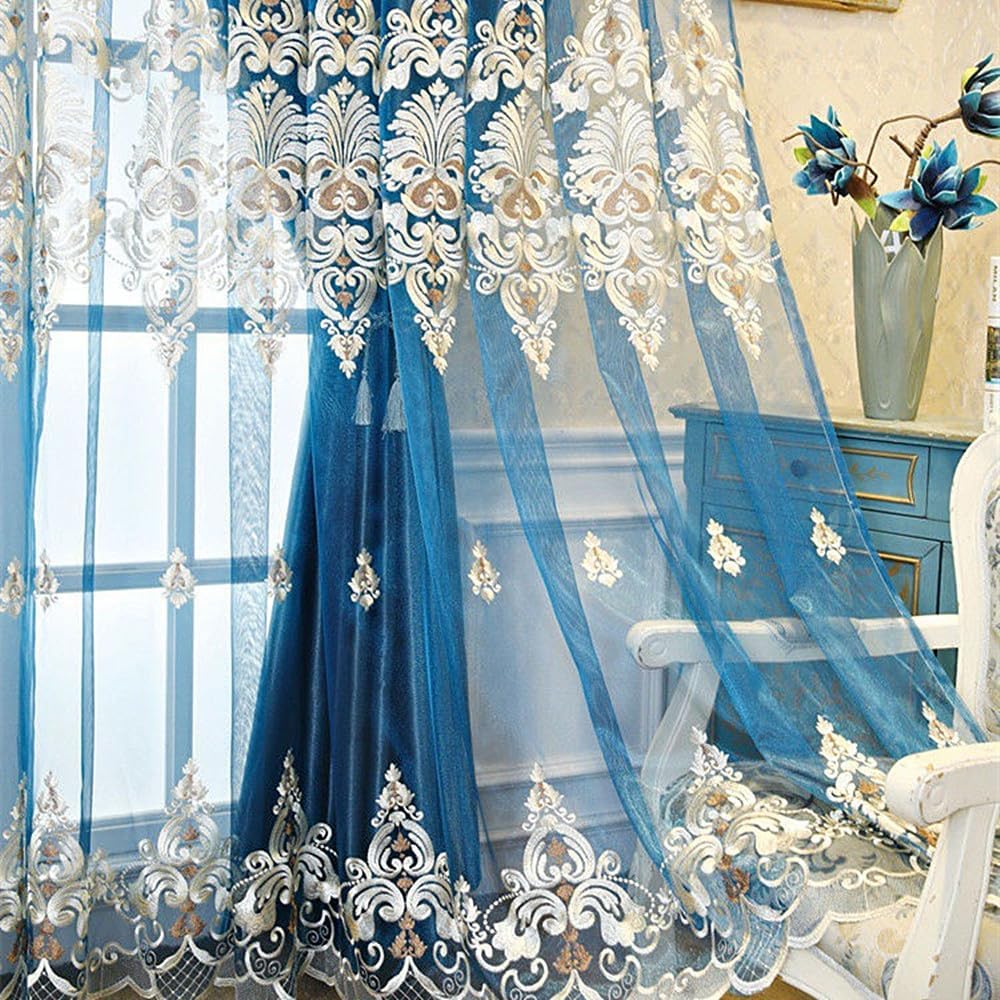 Amidoudou 1 Pair European Double Layer Curtains for Living Room Bedroom Luxury European Embroidered Curtains (Blue,63x90 Inch)
