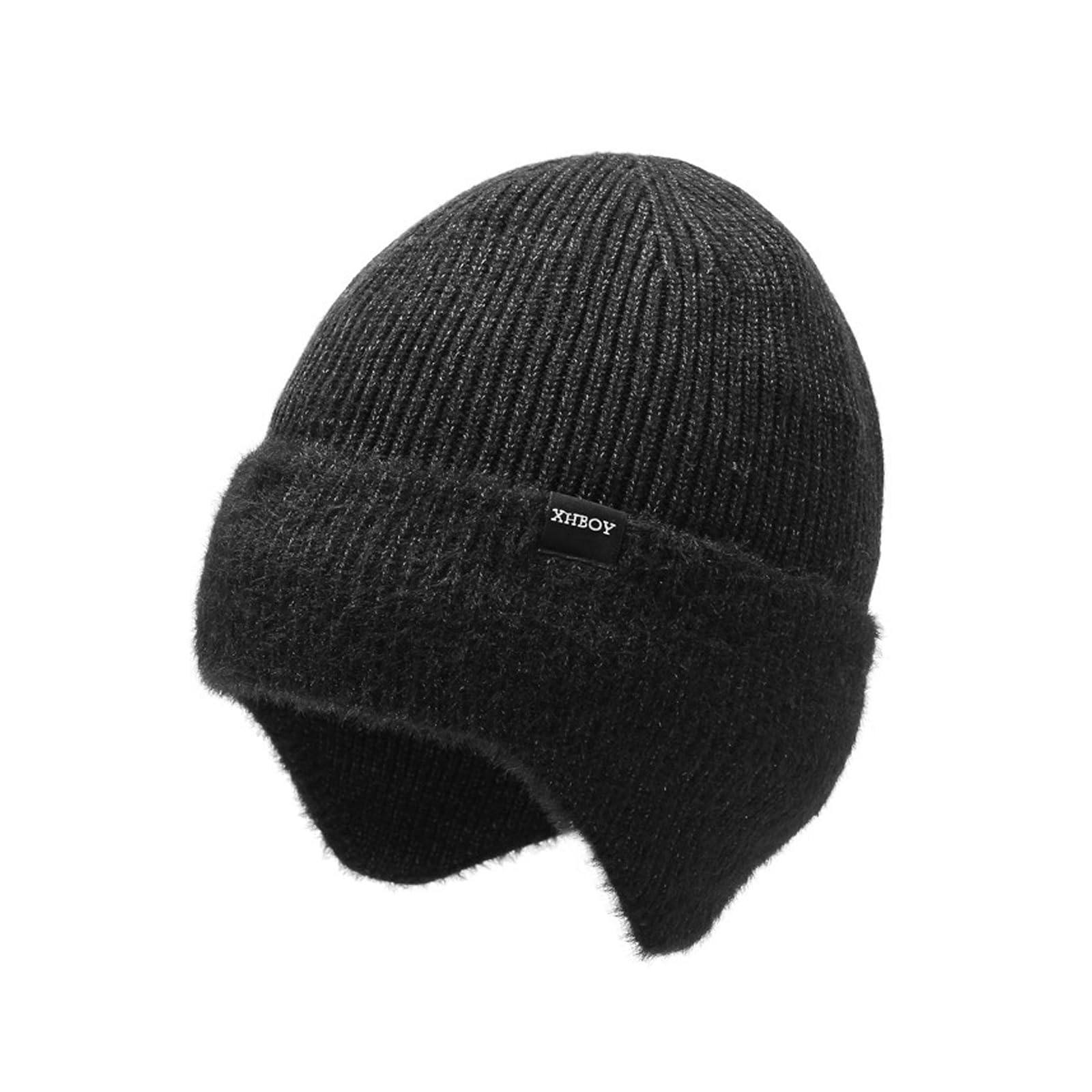 Strrng Men's Black Winter Beanie,Beanie Hat With Earflaps,Thick Warm Beanies Hat,Cold-Resistant Thermal Knit Winter Hats For ,Minimalist Winters Hats,For And Wo Outdoor Activity(Black)