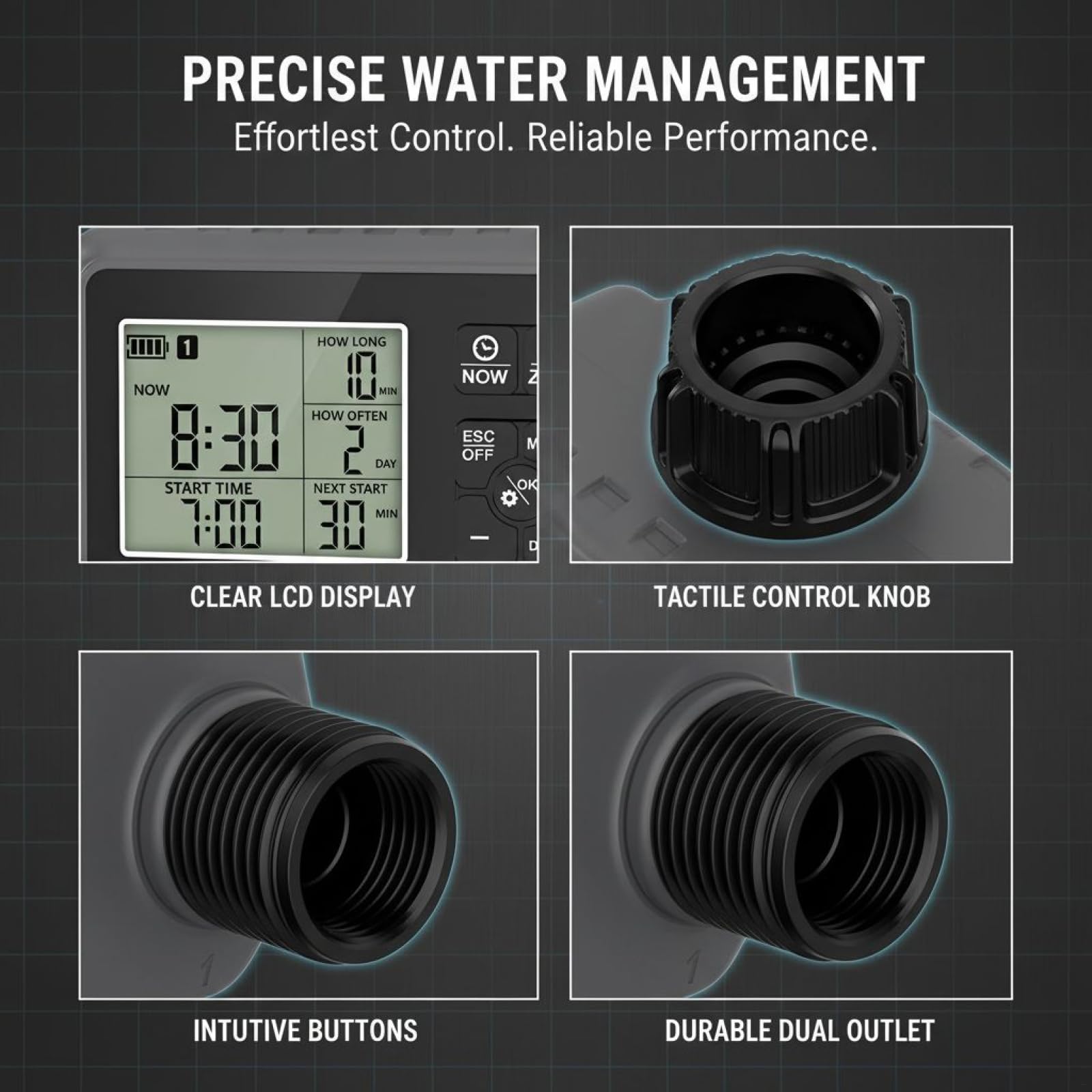Timer intelligente a doppia uscita, display LCD, timer di irrigazione programmabile con avvio e arresto automatici, durata 1-360 minuti, ritardo pioggia, timer per tubo dell'acqua ABS 2