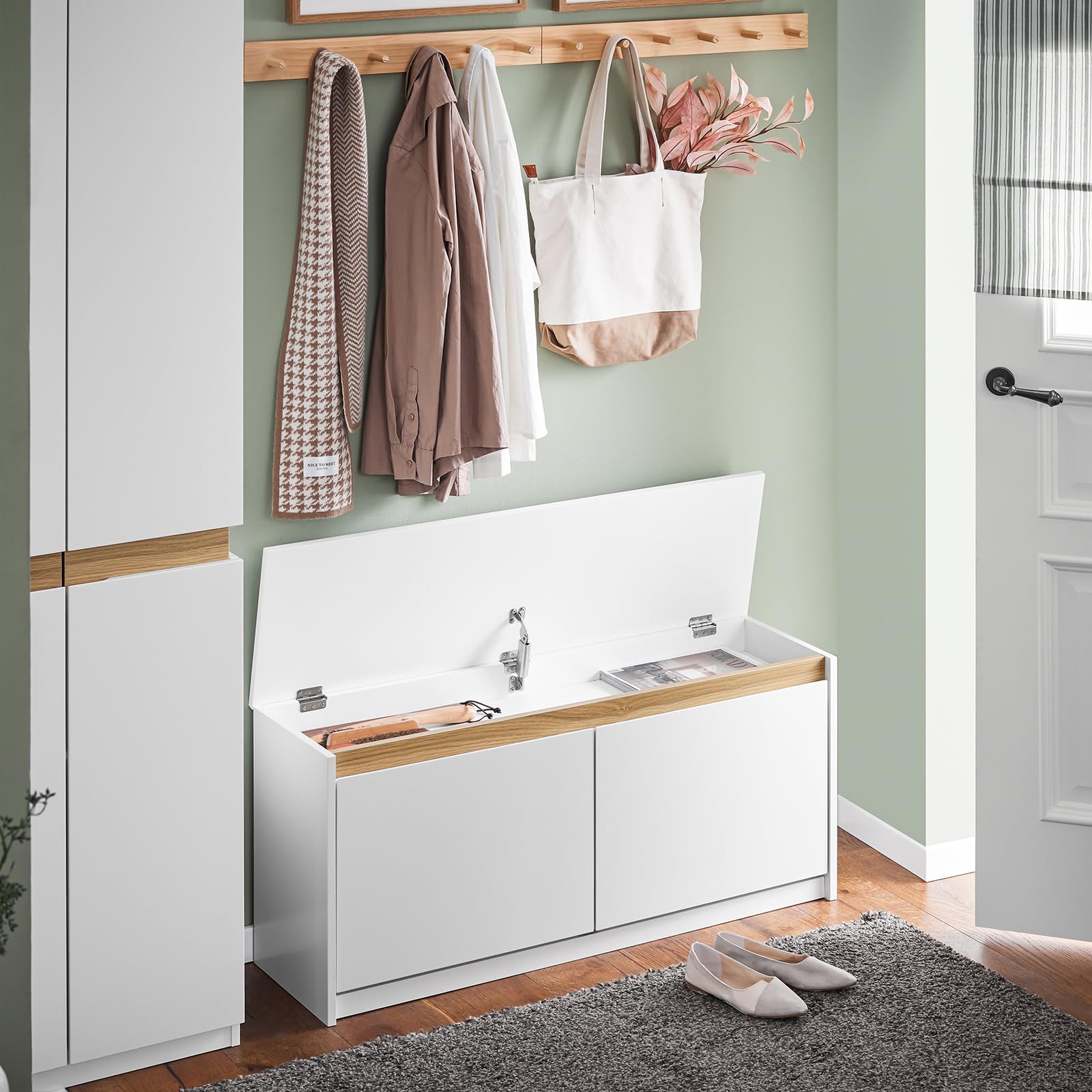SoBuy Cassapanca Contenitore da Interno Panca Scarpiera da Ingresso con Contenitore e Seduta - Adatta a Ingressi, Soggiorni e Camere, Bianco, 104x30x47 cm, Testata per 240 kg, FSR171-W