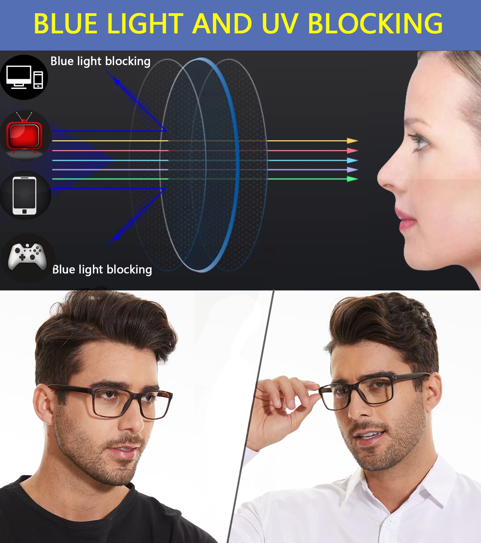 Readersoul Pack de 4 Gafas de Lectura Bloqueo Luz Azul Hombre Comodidad Gafas Ligeras Bisagra de Muelle Flexible, Filtro Anti-Eyestrain/Glare Lectores de Ordenador D