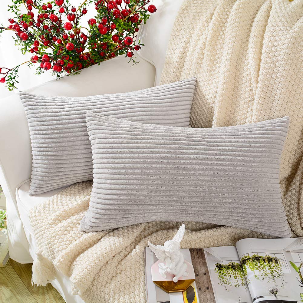 MERNETTE Pack of 2, Corduroy Soft Decorative Rectangle Throw Pillow Cover Cushion Covers Pillowcase, Home Decor Decorations for Sofa Couch Bed Chair 12x20 Inch/30x50 cm (Striped Light Grey)