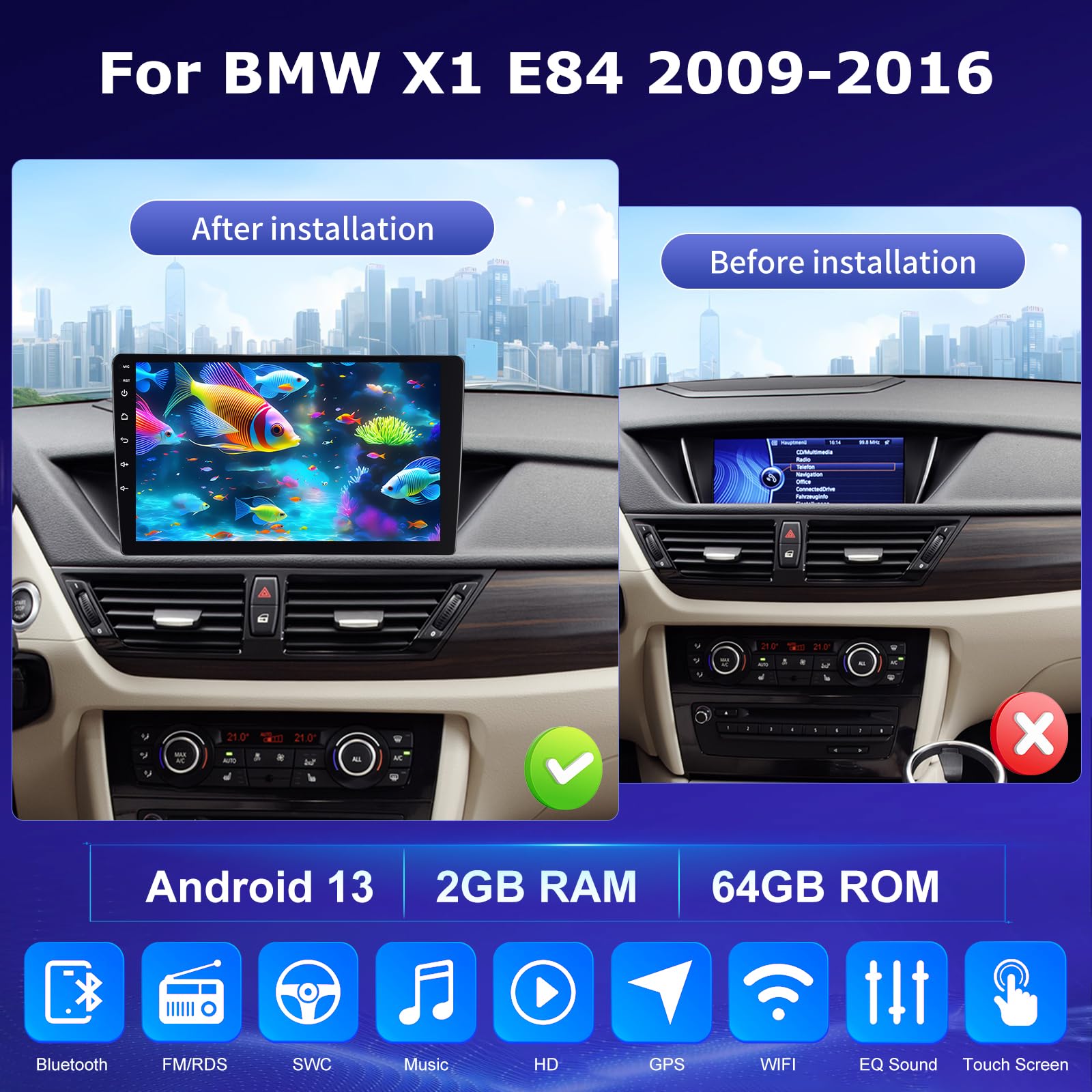 Autoradio per BMW X1 E84 2009-2016 con Wireless CarPlay & Android Auto | [2+64G] Touchscreen 10.1 pollici Supporto WiFi, Navigazione GPS, Bluetooth, FM RDS, EQ, Schermo Diviso