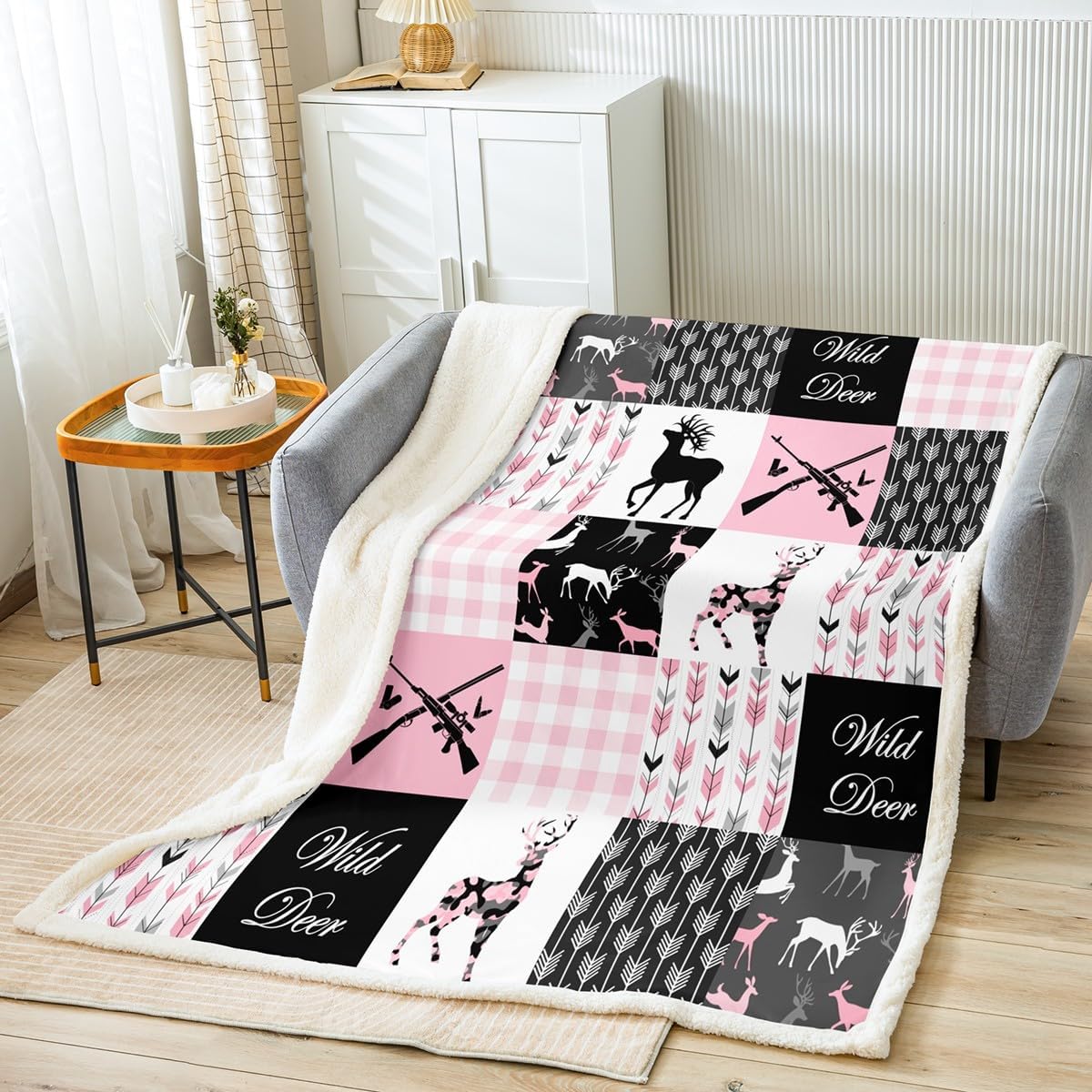 Jejeloiu Camo Antler Fleece Throw Blanket, Baby 30″x40″, Kids Deer Hunting Pink Plaid Buffalo Plush Blanket, Modern Sherpa Blanket, Multi 05