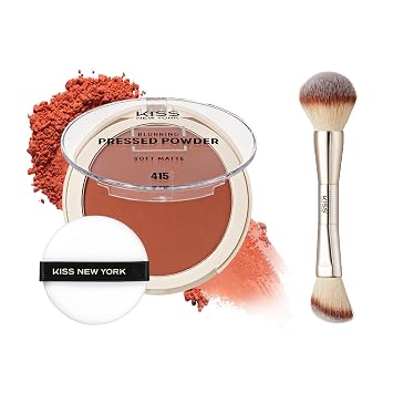 KISS NEW YORK Soft Matte Pressed Powder Mocha with Dual Ended Powder Brush Set, Blurring Poreless Face Powder Makeup, Medium Coverage Setting Powder Infused with Salicylic Acid & Niacinamide
