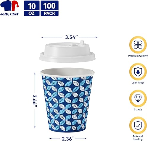 Miniatura 2 de JOLLY CHEF Paquete de 100 tazas de café de papel de 10 onzas, vasos desechables de papel impreso con tapas, fundas y agitadores para el hogar,
