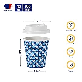 JOLLY CHEF 100 Pack 10 oz Disposable Coffee Cups, Hot Paper Coffee Cups with Lids, Sleeves and Stirrers for Home, Office, Cafe (Blue Leaf and Grey Leaf)