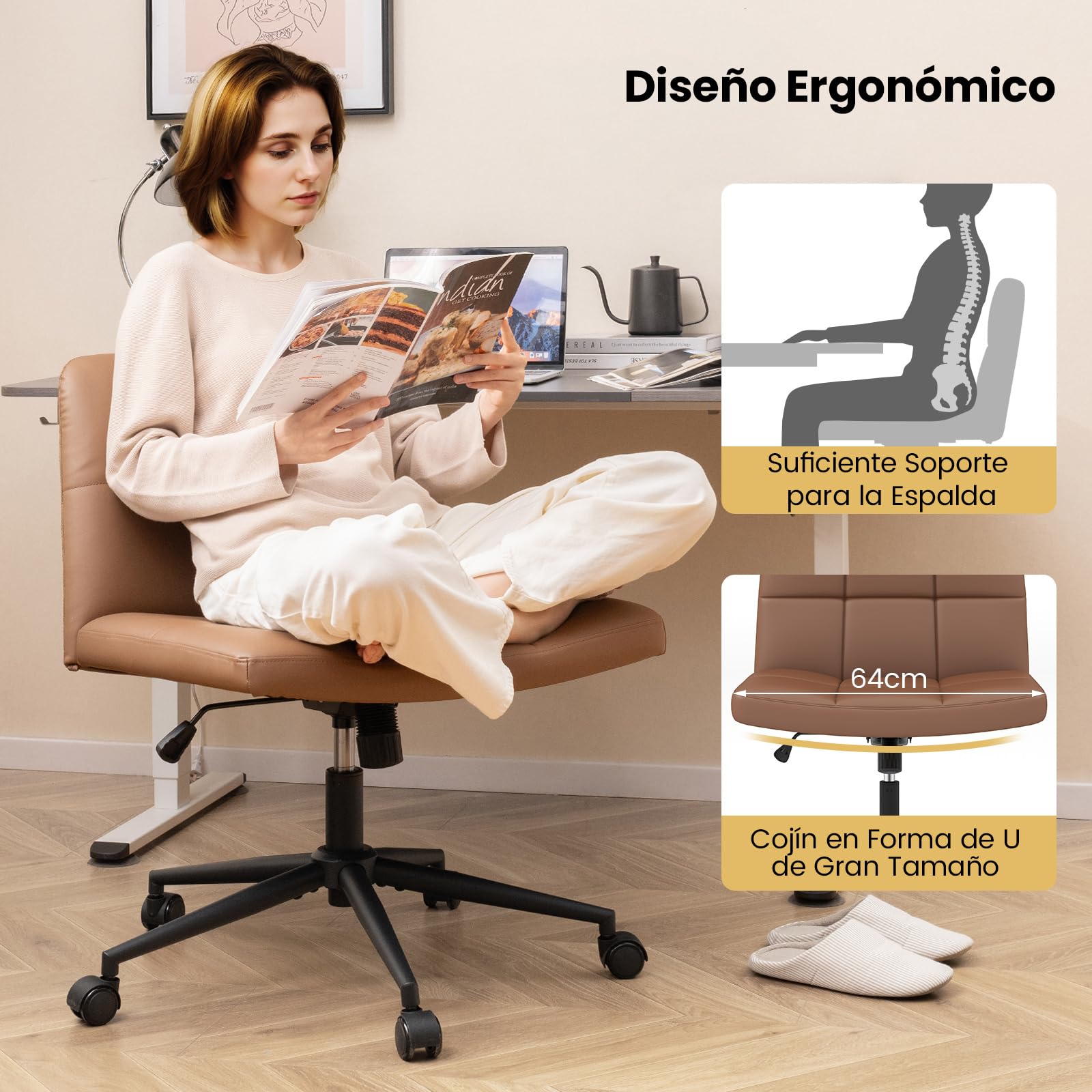 COSTWAY Silla Escritorio sin Brazos, Tapizada de Cuero de PU, Silla Oficina con Ruedas, Inclinable y Altura Ajustable, Silla Tocador Estudio Dormitorio Oficina, 70 x 70 x 79-87 cm (marrón)