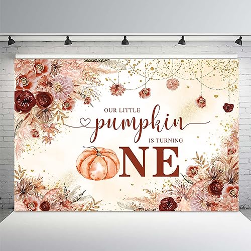 Miniatura 2 de MEHOFOND 6.5 x 4.8 pies, decoración de fiesta de primer cumpleaños, diseño de calabaza con texto en inglés "Little Pumpkin is Turning One",