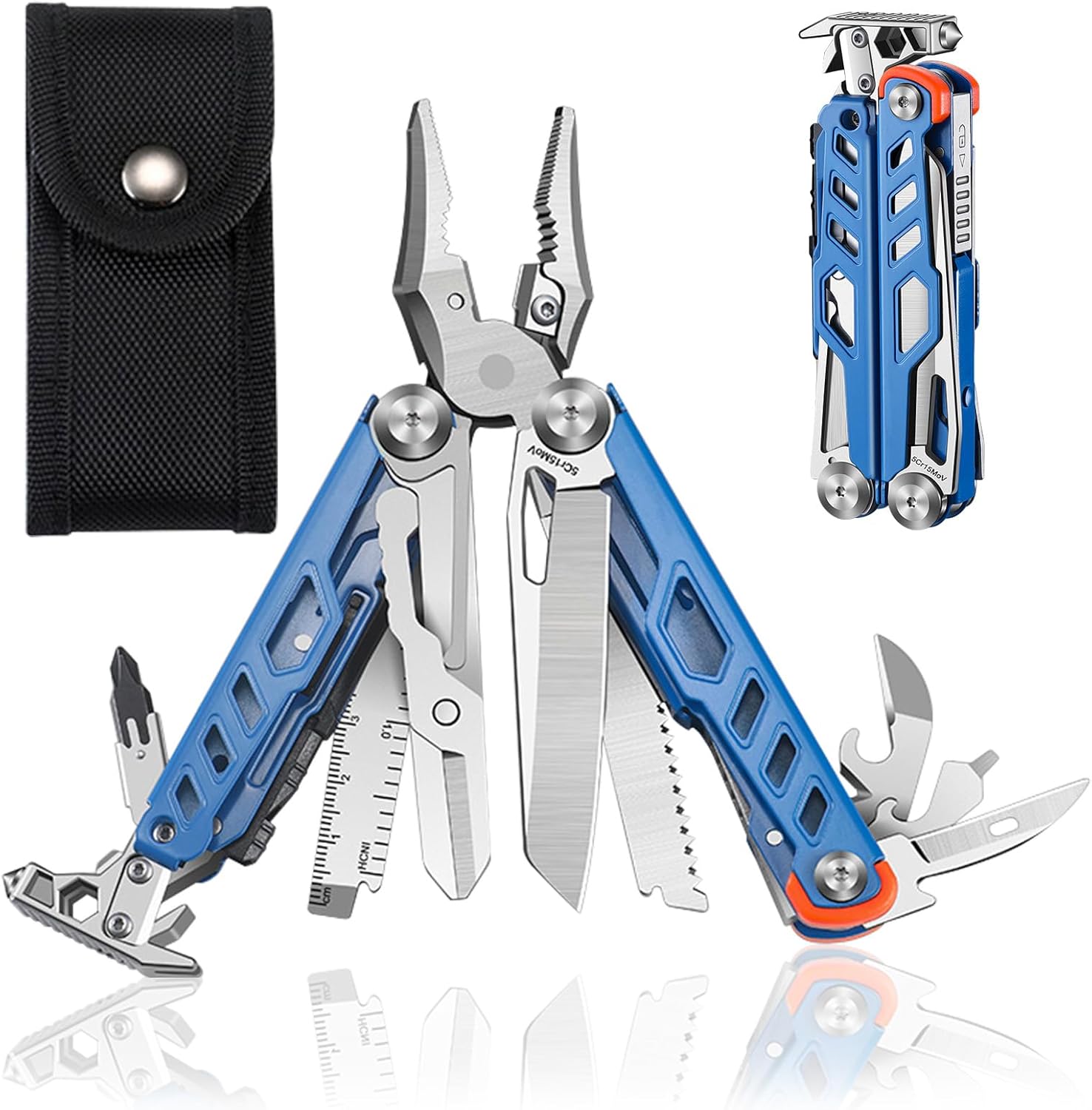 23-in-1 Multitool Pliers with Scissors,Wire Cutters,Window Breaker,Flint,Saw Screwdrivers,Bottle Opener,Carrying Pouch,High-carbon Steel Multi Tool for Camping Survival and Gift (Grey and Silver