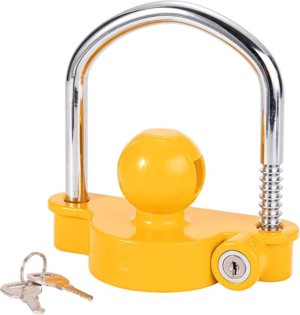 CZC AUTO Trailer Hitch Lock Universal Tow Ball Coupler Security Kit Heavy Duty Anti-Theft Protection for Trailer Caravan Horsebox, 2 Keys Yellow