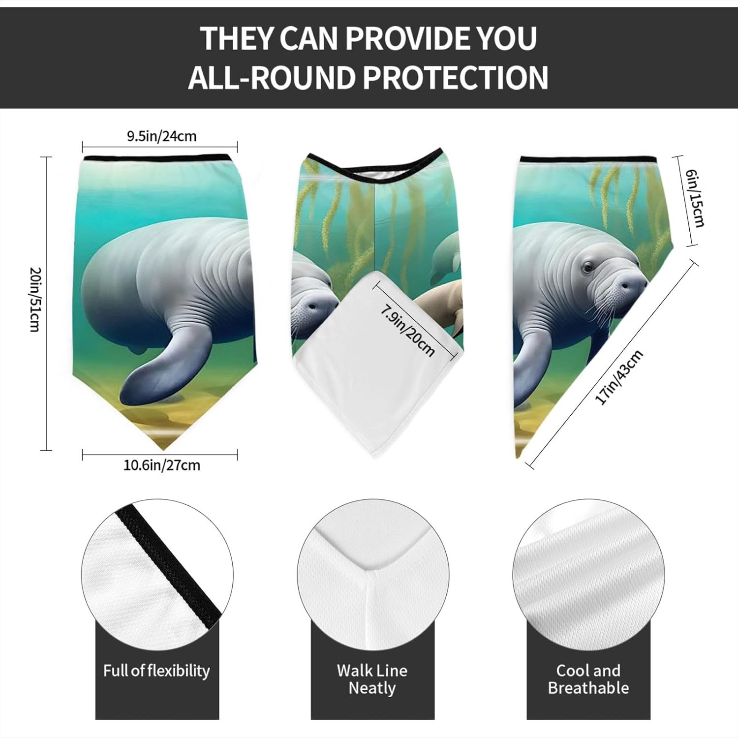 Protection Neck Gaiter Face Cover Manatee Family Swim​ Balaclava Scarf Mask, Windproof Breathable Sun Shield for Men Women, Skiing Hiking Cycling Outdoor Sports