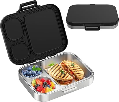 Pawtong Stainless Steel Bento Lunch Box for Kids | 3-Compartment Lunch Box Container Kids | 100% Leakproof, Eco-Friendly, Perfect Portion Control for Kids&Adult Healthy Meals Black
