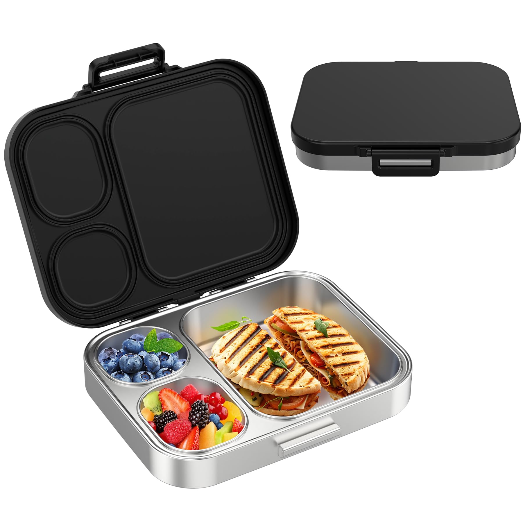 Photo 1 of **BROKEN HANDLE ** Pawtong Stainless Steel Bento Lunch Box for Kids | 3-Compartment Lunch Box Container Kids | 100% Leakproof, Eco-Friendly, Perfect Portion Control for Kids&Adult Healthy Meals (Black)