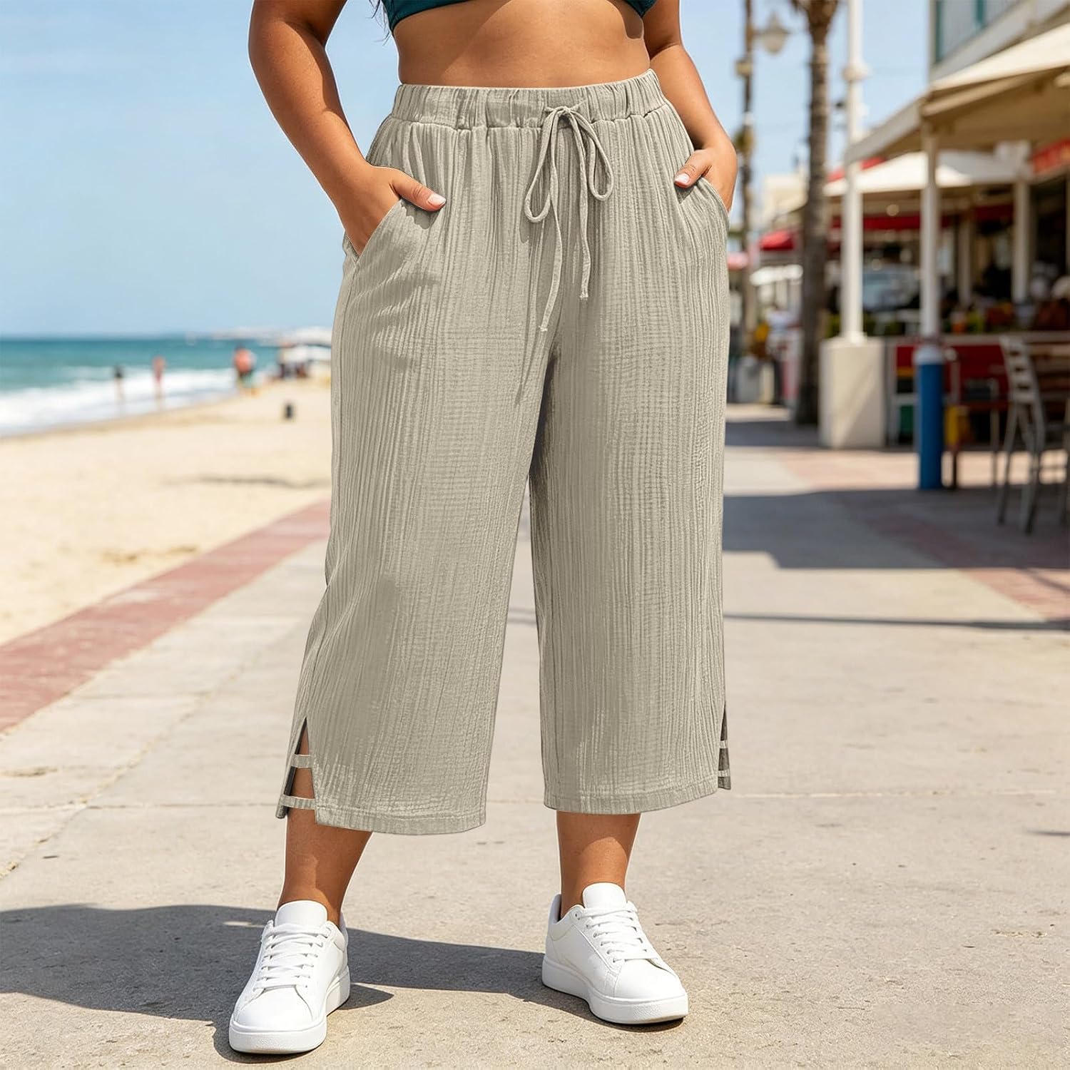 Womens Capri Plus Size Pants Drawstring High Waisted Hollow Out Hem Casual Loose Wide Leg Cropped Pants with Pocket