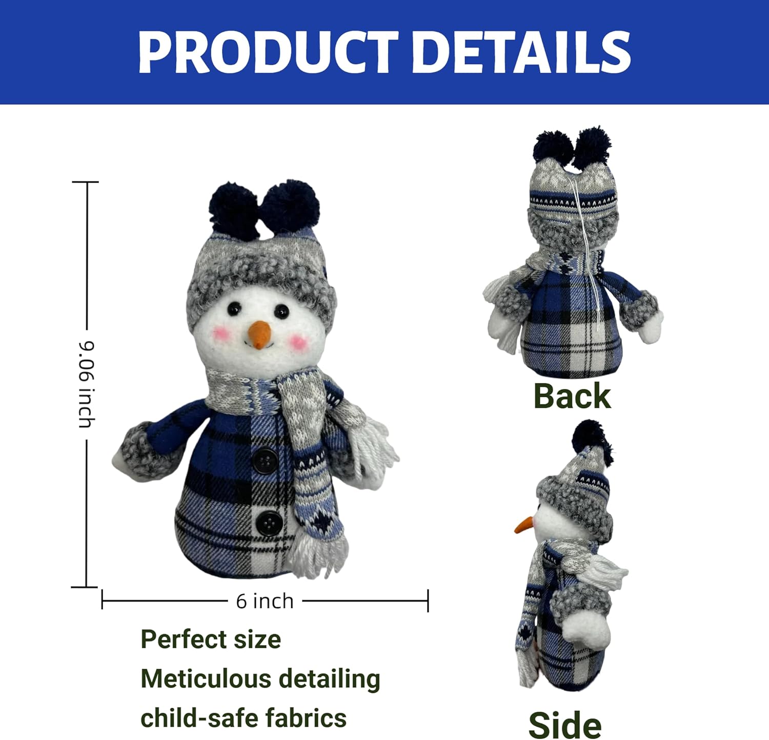 Blue Snowman Plush Doll - 8 Inch Soft Christmas Ornament for Tree, Home Office Desk, Cozy Winter Decoration, Soothing Companion Gift for Family Friends Colleagues (Blue2)