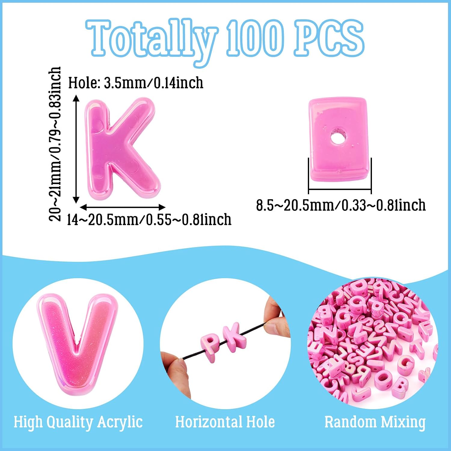 FASHEWELRY 90Pcs 20mm Big Letter Beads Hot Pink Large Alphabet Beads for Bracelets Making, UV Plating Iridescent 3D Initials Paracord Bead for Keychains Bag Charm Kit Shoelaces image 2