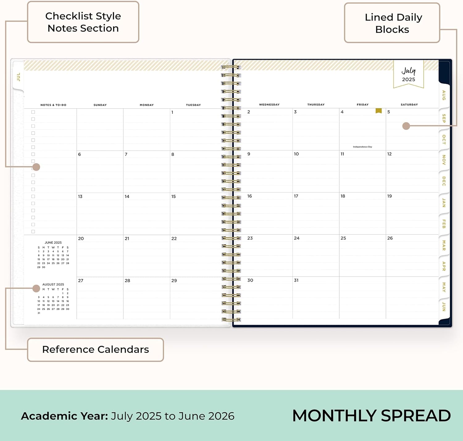 Blue Sky Day Designer 2025-2026 Weekly and Monthly Academic Year Planner Calendar, July 2025 - June 2026, 8.5" x 11", Flexible Cover, Laminated Tabs, Storage Pocket, Includes Stickers, Peyton Navy