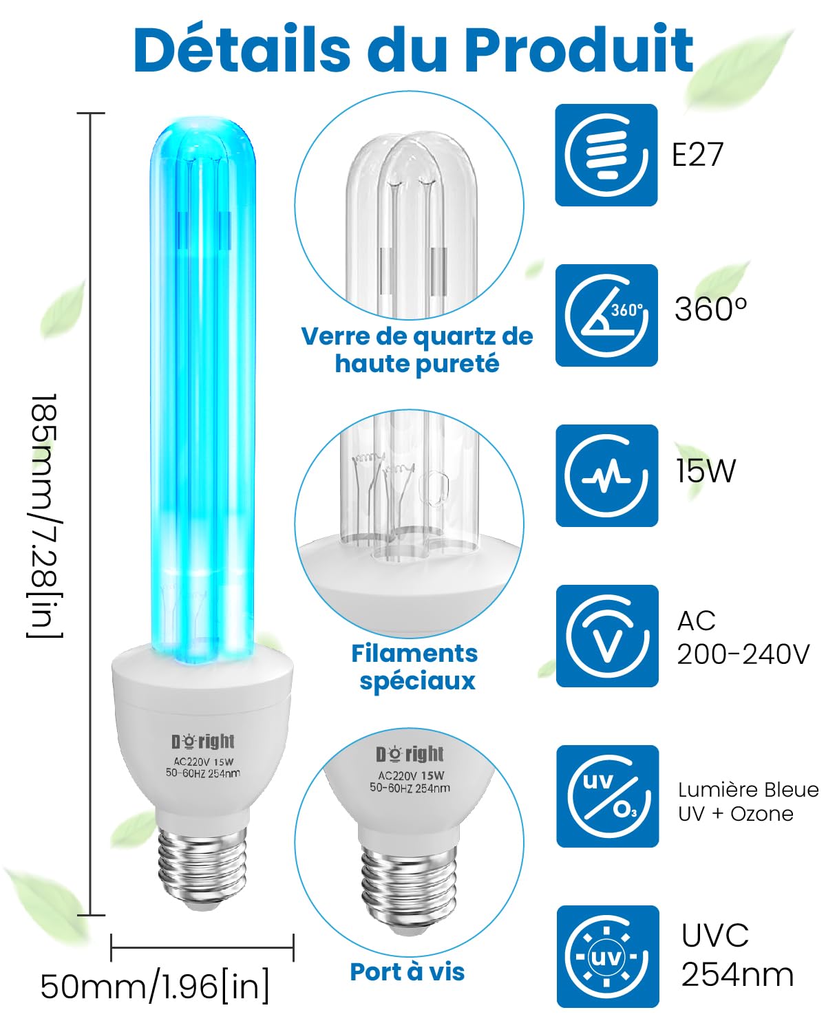 DoRight Lampe Ultraviolet Ozone E27 15W Lampe UV Germicide UVC avec Ampoule Ozone E27 Ampoule UV Sterilisateur avec Tube de Quartz Stérilisation UVC 254nm AC220-240V pour Toilette, Cuisine, Chambre
