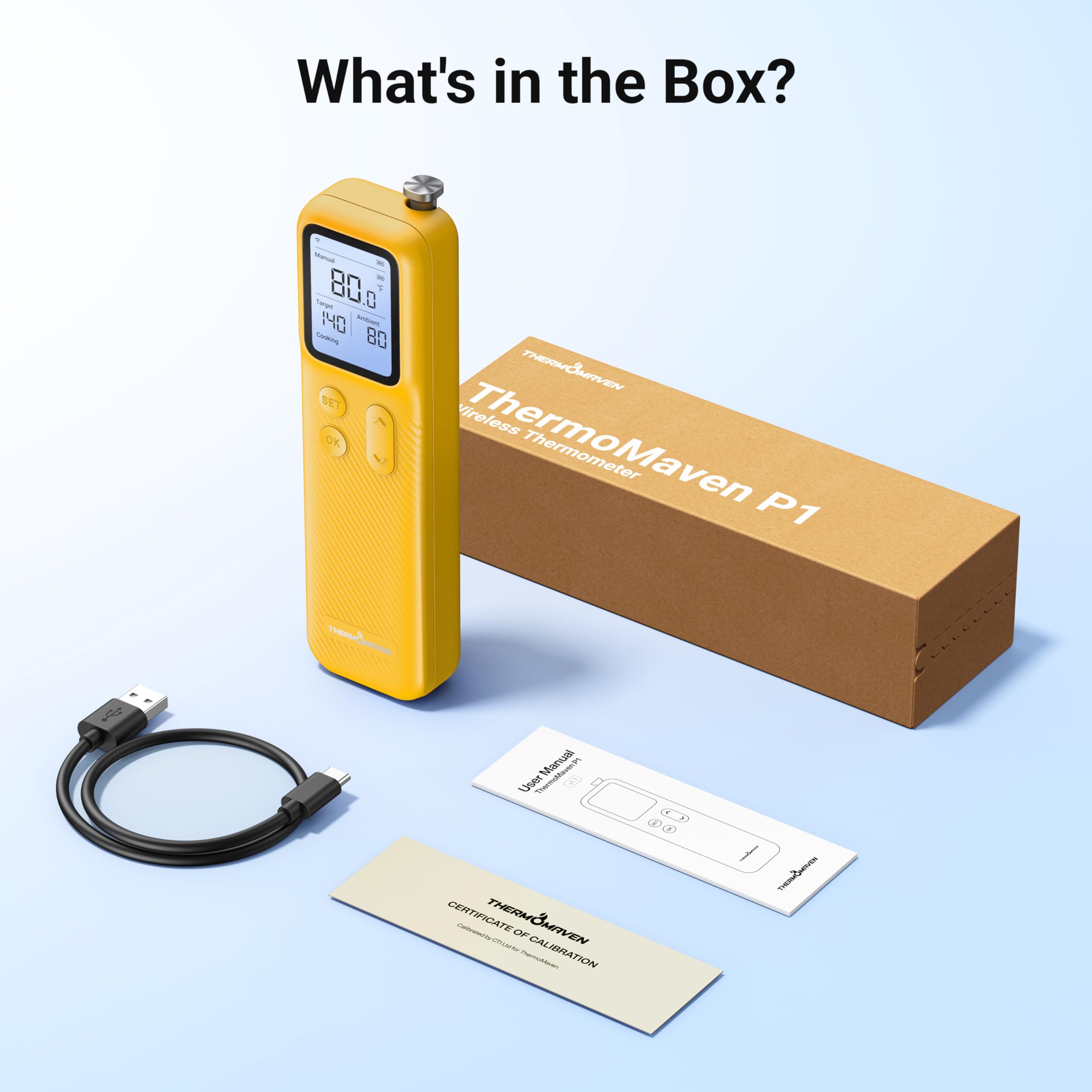 ThermoMaven Smartes Bluetooth Fleischthermometer Kabellos, Basisstation, WLAN Unbegrenzte Reichweite, NIST-zertifizierte Genauigkeit, App Warnungen, Für Grill, Ofen, Smoker, BBQ (Zartgelb)