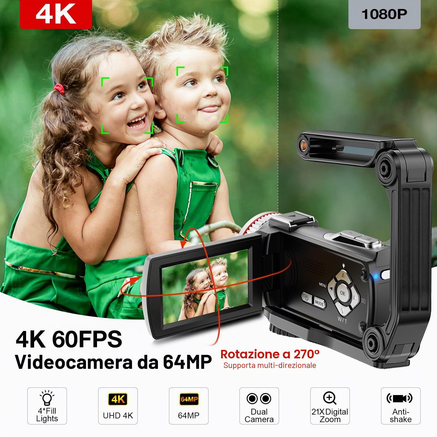 Videocamera 4K 64MP per YouTube, Dual Camera 3" Screen Girevole a 270°, Scheda 64GB, Microfono, Stabilizzatore, Telecomando, 2 Batterie