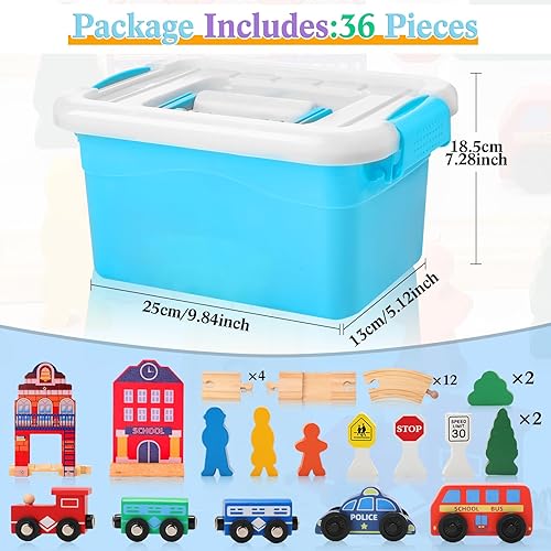 Miniatura 2 de Junkin Juego de trenes de madera para niños pequeños, 36 piezas de trenes y trenes de madera, juego de trenes magnéticos de construcción para niños
