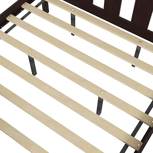 Miniatura 5 de MERITLINE Base de cama tamaño individual, plataforma de madera maciza, base de colchón, cama de trineo con cabecero, estribo, soporte de listones de