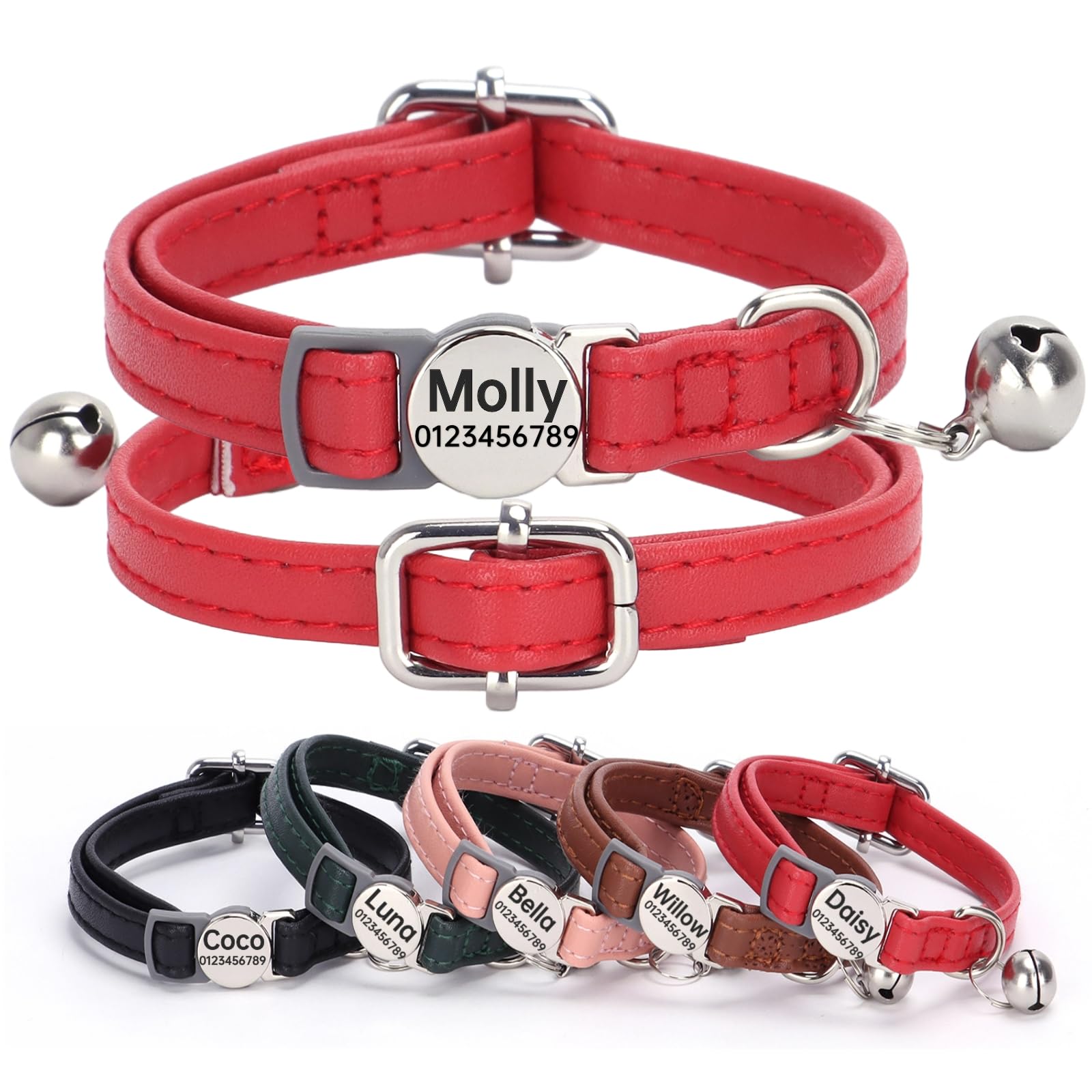 SEOUGEE Genuine Leather Cat Collar Quick Release with Personalised Name Tag, breakaway Kitten Collars with Removable Bells & Safety Release, Engraved buckle, 19-30 CM Adjustable, Crimson Red