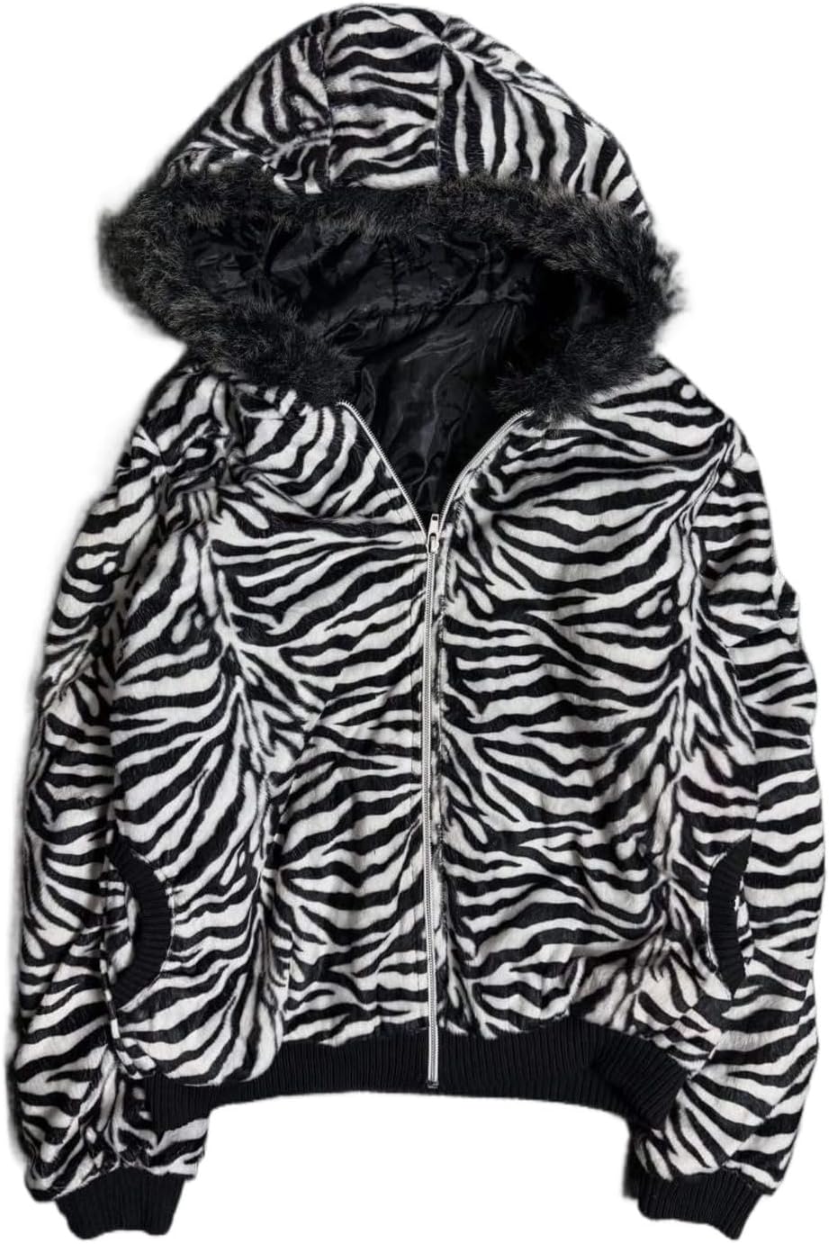 Zebra Print Faux Fur Jacket Y2K Long Sleeve Zip Up Jacket Oversized Gothic Hoodie Casual Winter Outwear
